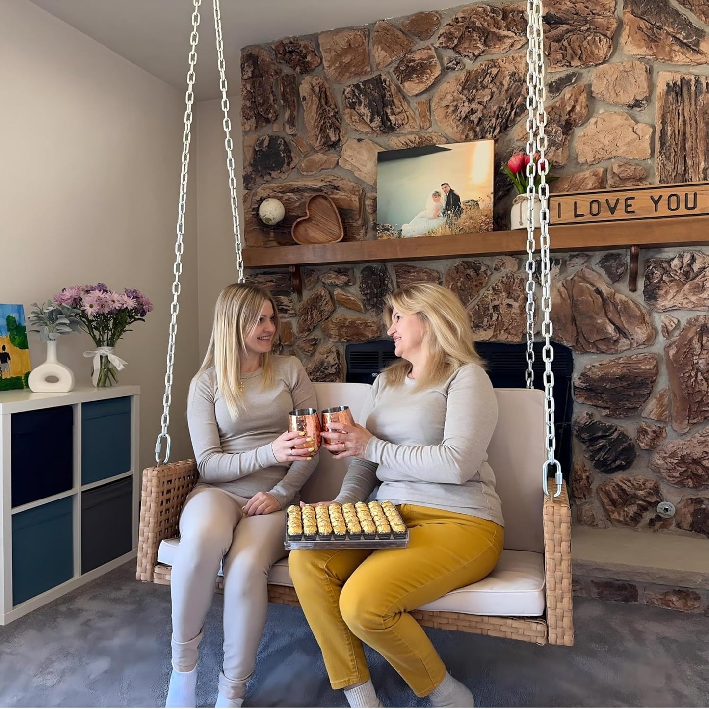 YITAHOME Hanging Porch Swing Chair Sits 3 People, Wicker Outdoor Swing Bench, Patio Lounge Chair, 1 Seating Cushion and 3 Back Cushions, w/Removable Covers, for Garden, Balcony, Backyard, Brown