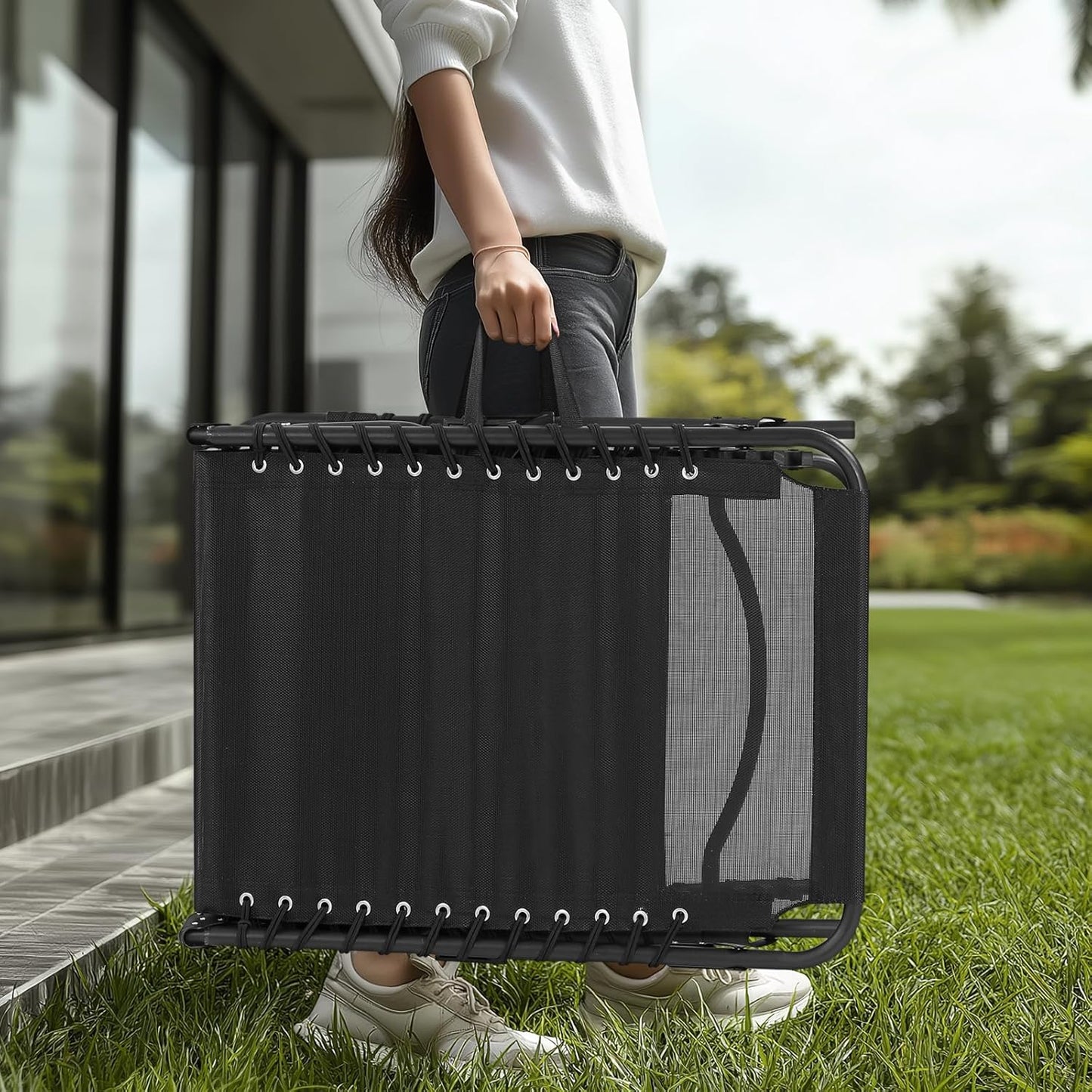 Unovivy Outdoor Chaise Lounge Chairs Set of 2, Portable Folding Pool Lounge Chair with 5-Position Reclining Back, Teslin Tanning Chair for Pool, Beach, Patio, Sunbathing