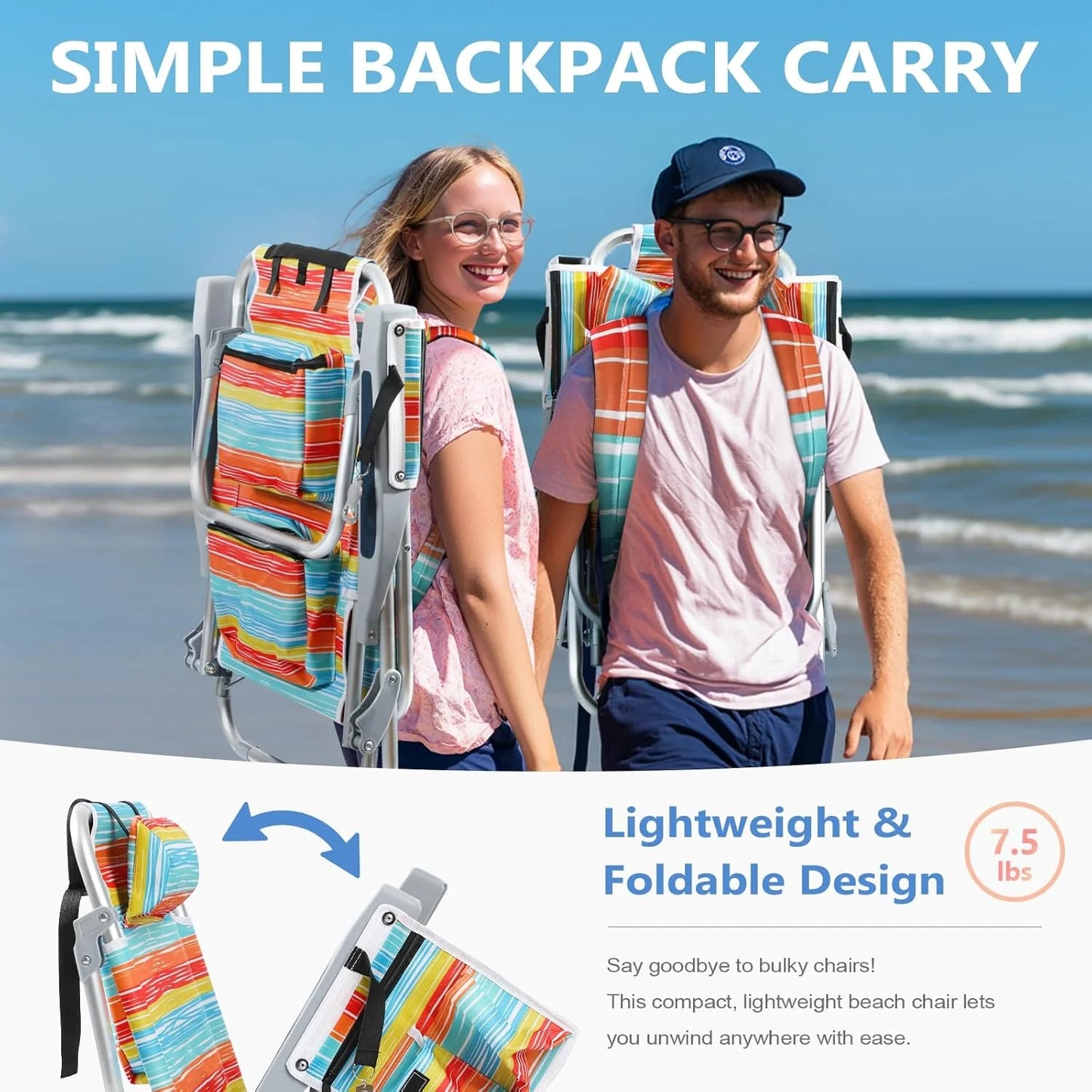 5-Position Aluminum Lay Flat Tall Backpack Beach Chairs 2 Pack Compact Portable Beach Chairs for Adults with Cooler Pouch, Storage Pouch, Towel Bar, Cup Holder & Phone Holder, Blue Stripe