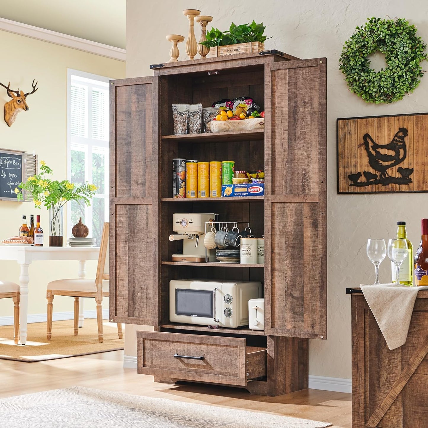 JXQTLINGMU Farmhouse Kitchen Pantry - 72" Tall Wood Kitchen Storage Cabinet with Adjustable Shelves and 2 Barn-Style Doors and Drawers