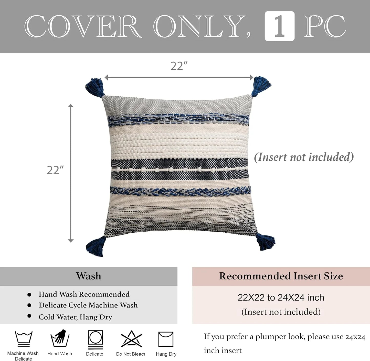 Blue Boho Decorative Throw Pillow Cover 20x20