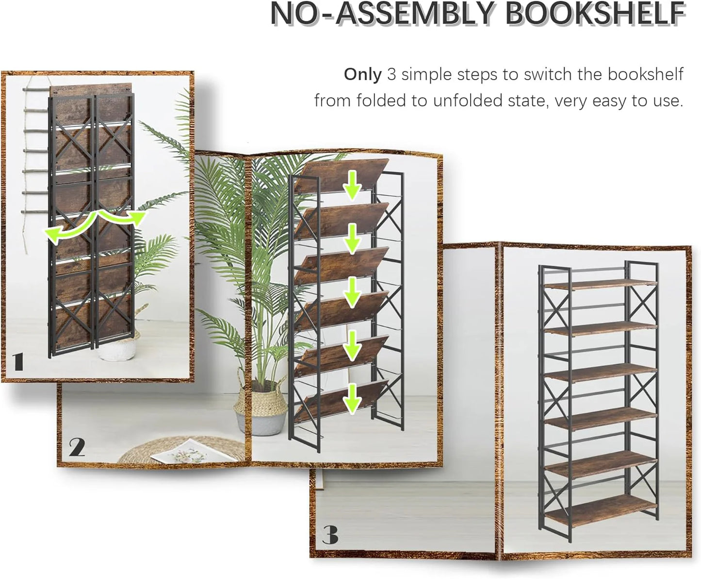 5 Tiers No Assembly Book Shelves 51.2" H Folding Bookshelf Bookcase