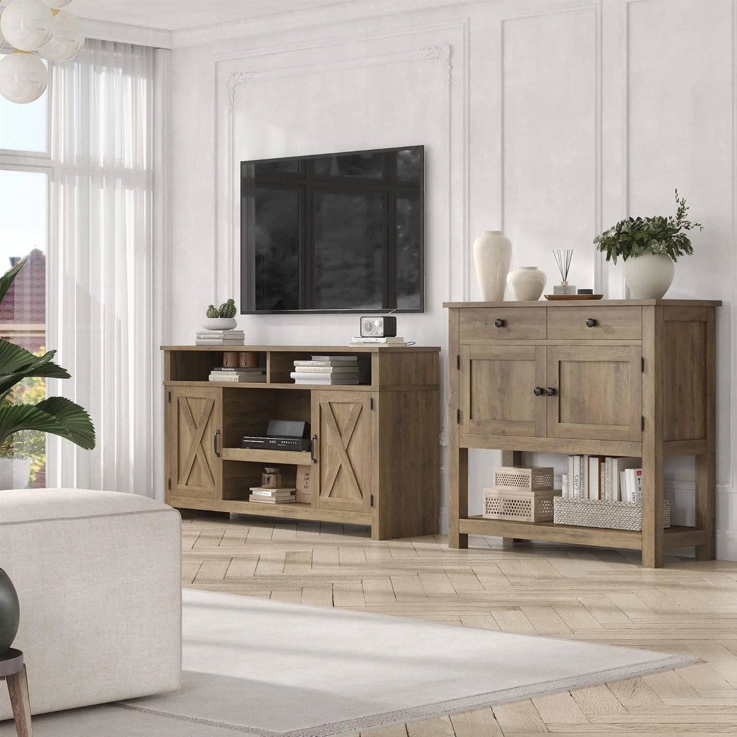 Farmhouse style console table coffee bar, entry table with storage rack, sofa table buffet sideboard