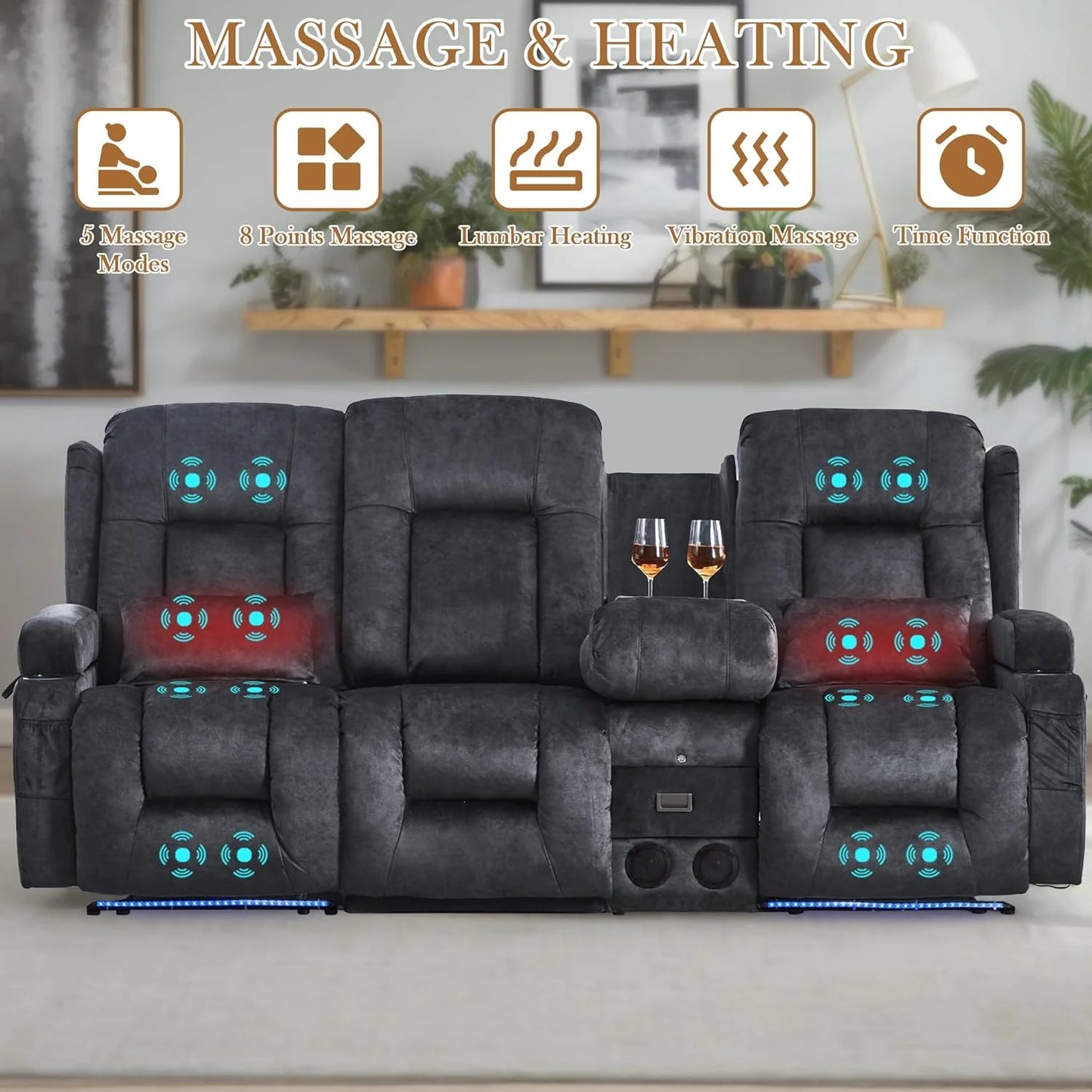 TUNYI Power Loveseat Recliner Sofa with Massage & Heat Home Theater Seating with Console Electric Recliner RV Sofa with USB/Outlet/Storage/Side Pocket/LED Light/Speaker (Brown, Loveseat)