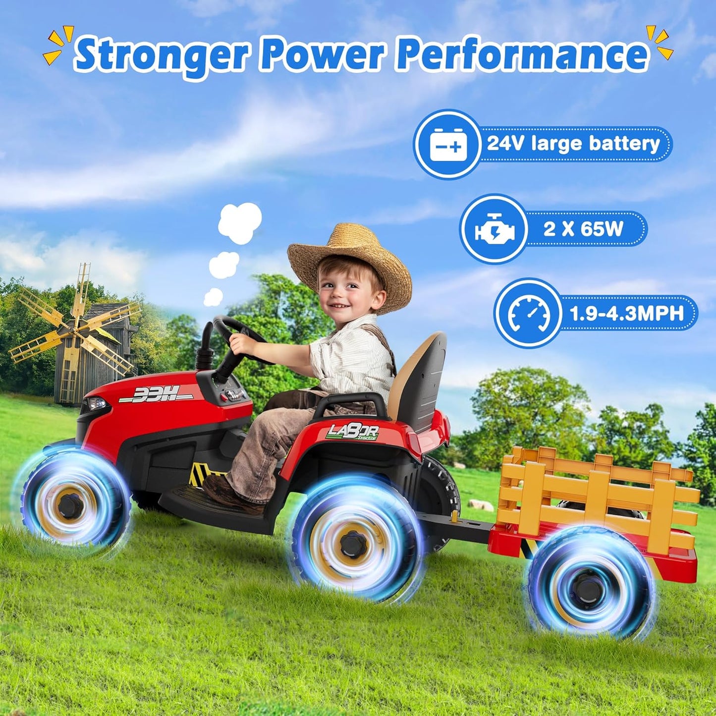 24V Ride On Tractor w/Tiltable & Detachable Trailer, 2x65W Motors, EVA Tires, Remote Control, Bluetooth, Shifter, Music, Electric Car for Kids, Green