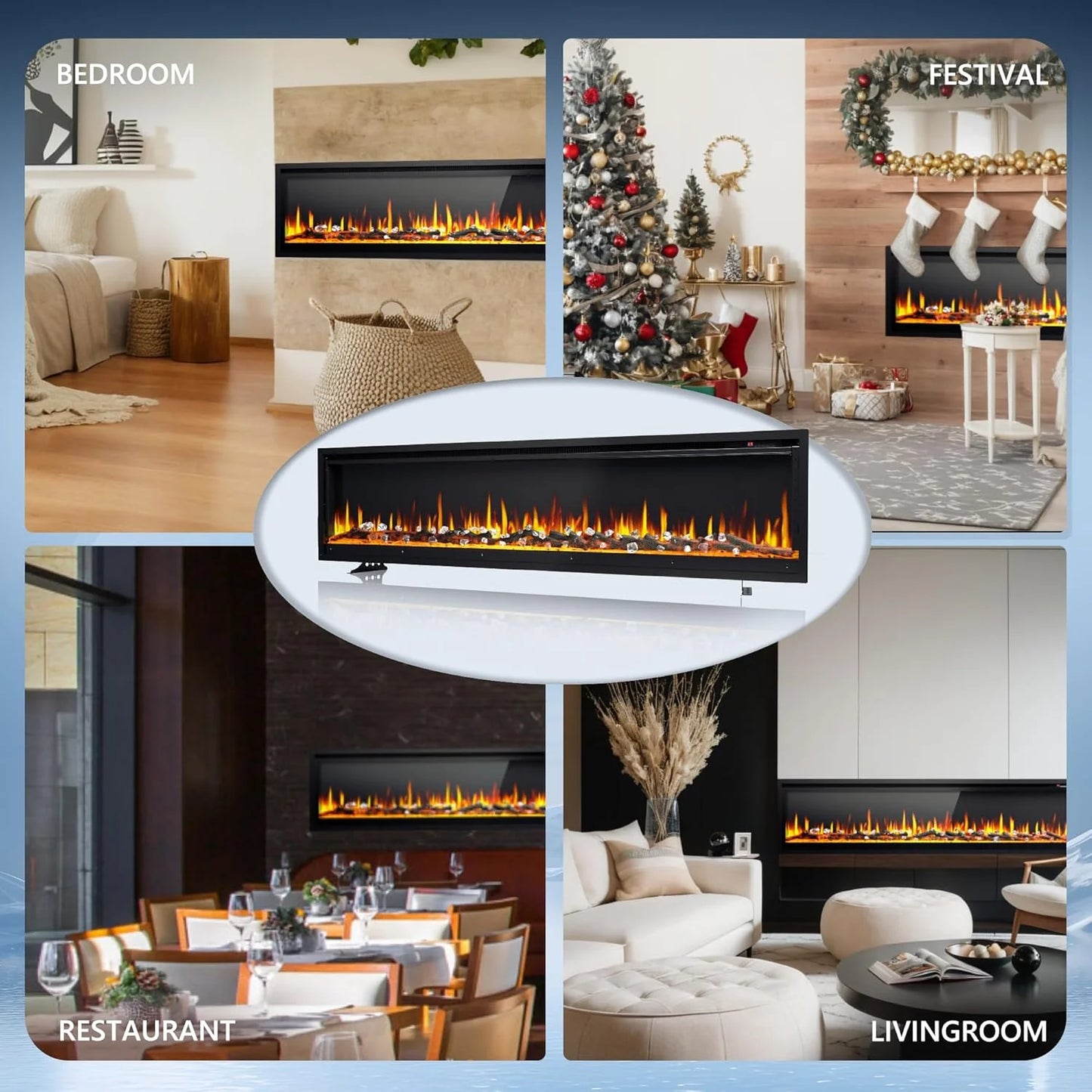 EUHOMY 50 Inch Electric Fireplace Wall Recessed and Wall Mounted with Adjustable Flame Color, Fireplace Heater with Remote Control, Linear Fireplace with Timer, Touch Screen, Log & Crystal, 750/1500W