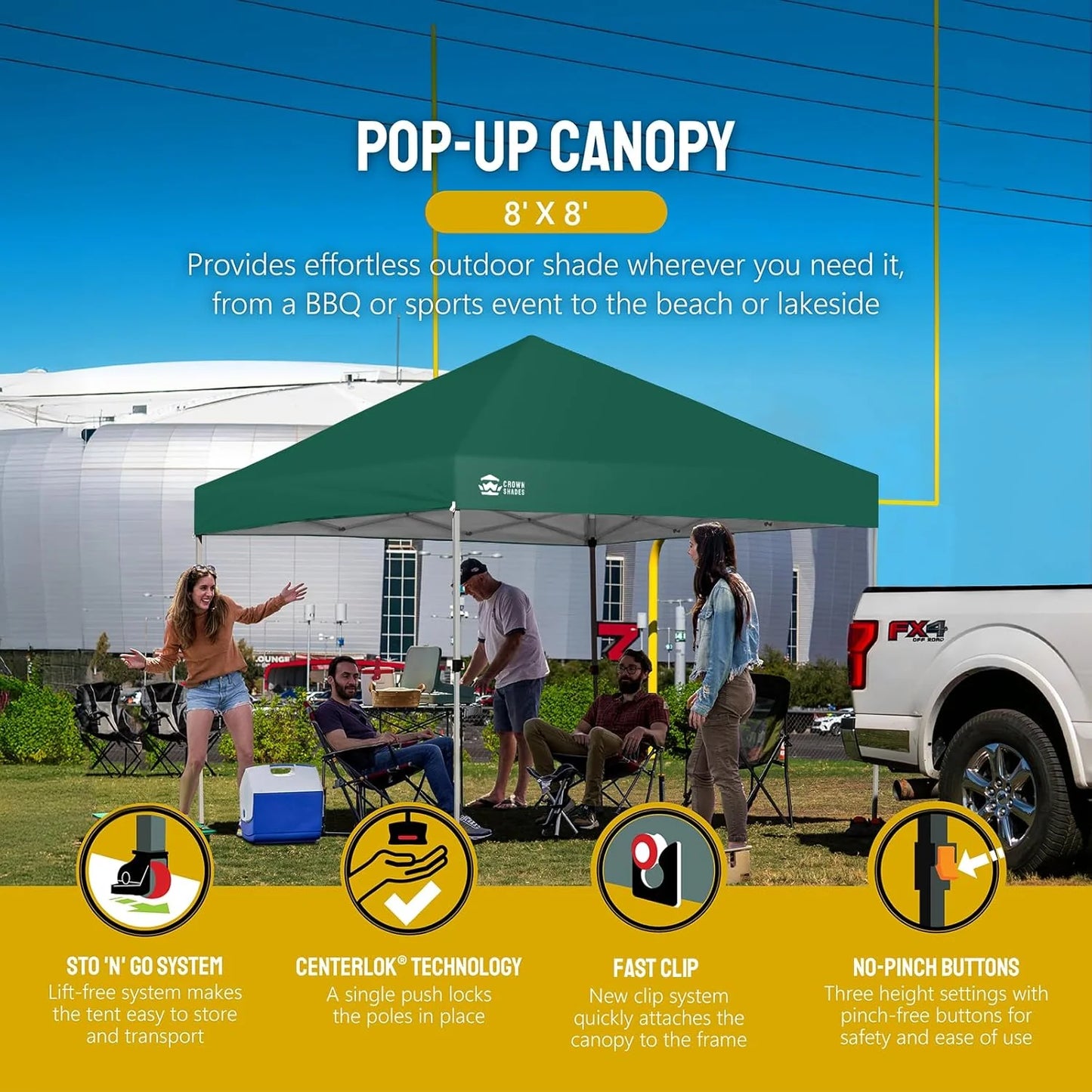 10x10 Pop-Up Awning - One-Click Installation Beach Tent - Outdoor Sunshade Silver Coated Top, 3 Heights and 4 Sand Pockets