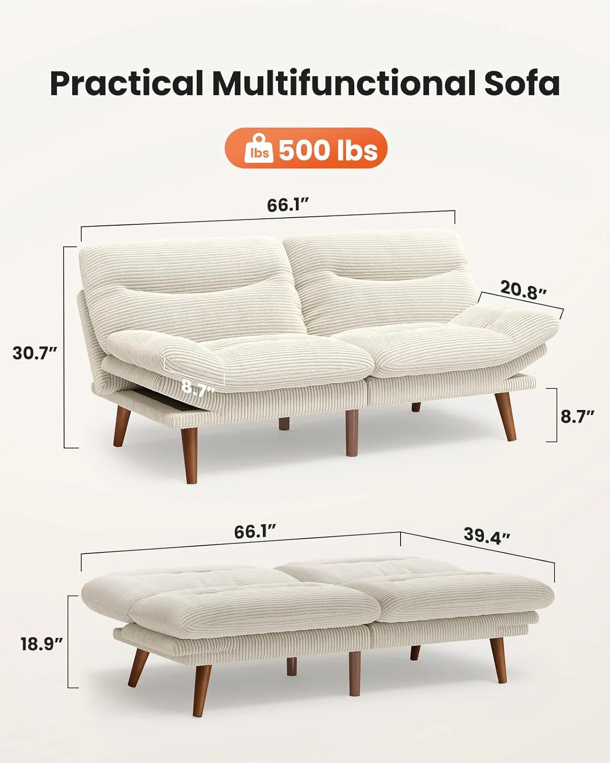 Convertible Futon Sofa Bed, 66 Inch Corduroy Futon Sofa Recliner Sofa Bed for Small Spaces, Playrooms or Offices