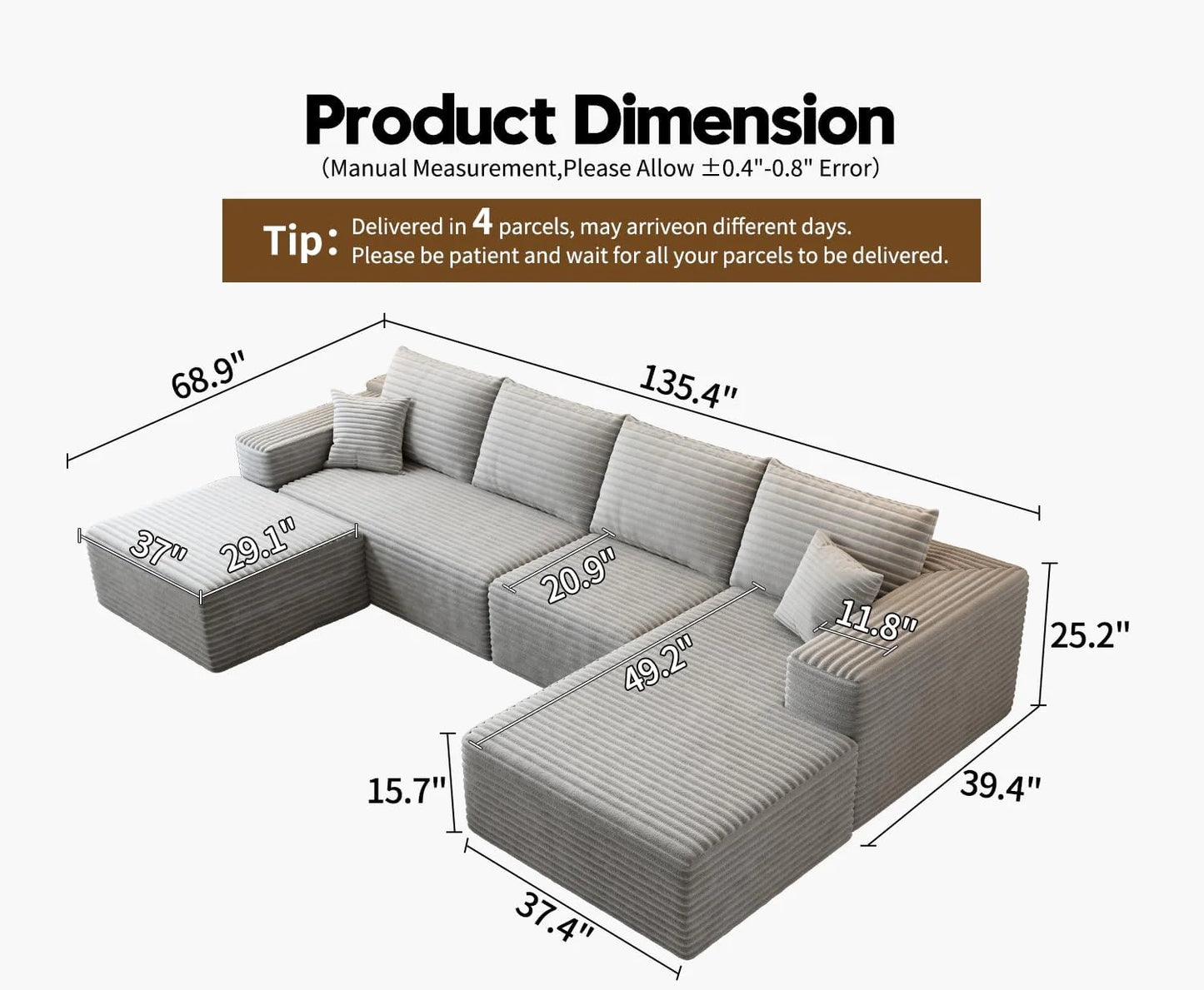 107.5 inch Cloud Modular Sectional Sofa with L-Shaped Chaise Lounge, Modern Minimalist Upholstered Sofa Deep Seating Corner Sofa