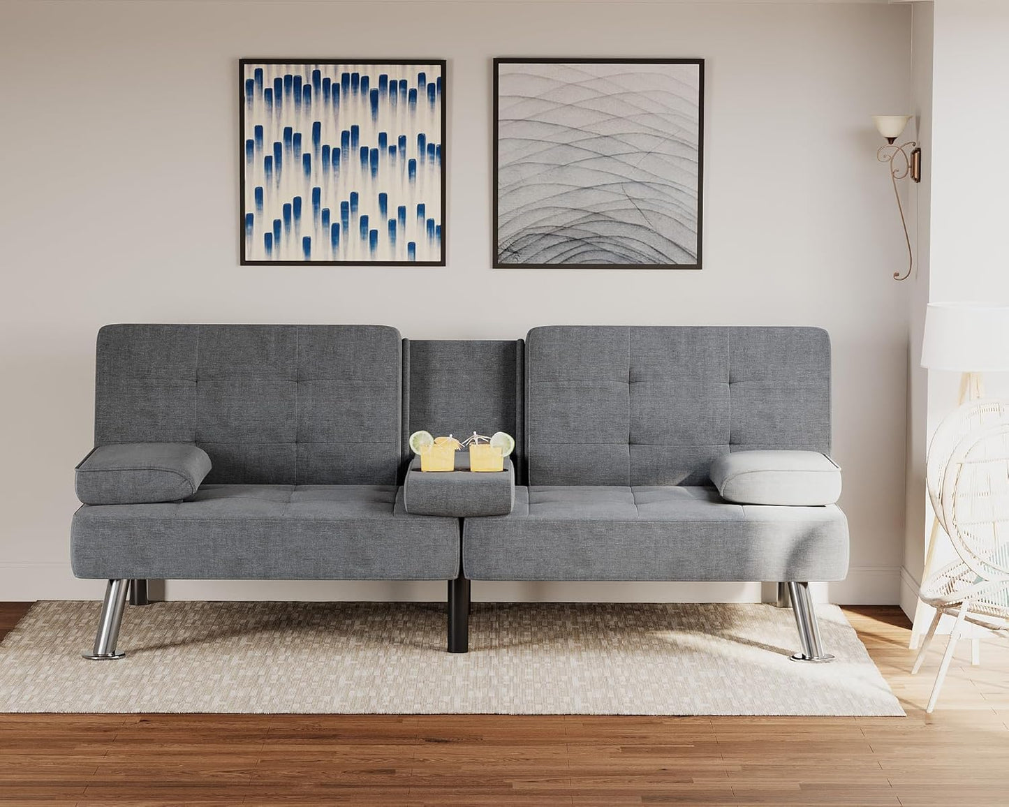 Flamaker Futon Sofa Bed Modern Folding Futon Set Convertible Recliner Lounge for Living Room with 2 Cup Holders, Removable Armrests (PU Leather, Black)