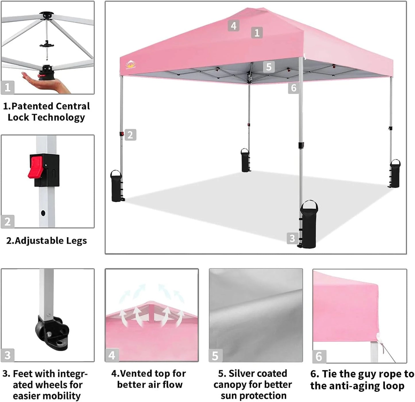 10x10 Pop-Up Awning - One-Click Installation Beach Tent - Outdoor Sunshade Silver Coated Top, 3 Heights and 4 Sand Pockets