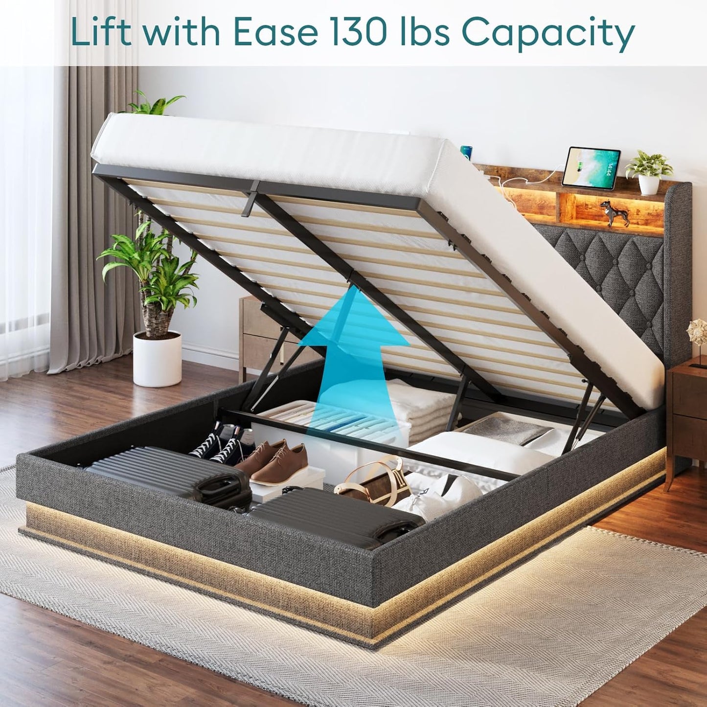 Queen Bed Frame with Storage - Lift Up Queen Size Bed Frame with Headboard, Upholstered Platform Bed with LED Lights & Charging Station, Hydraulic No Box Spring Needed Wood Slats Support, Beige