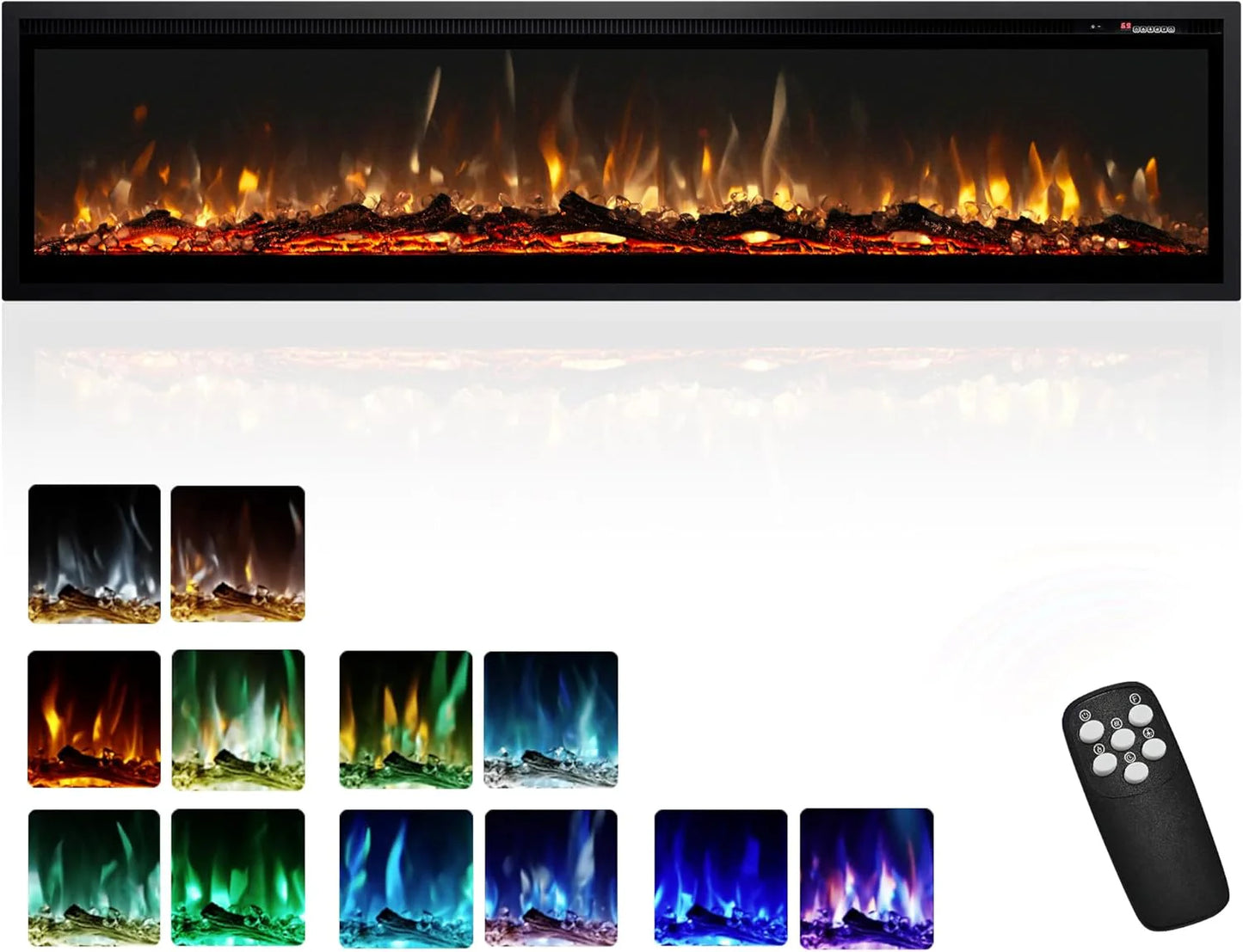 EUHOMY 50 Inch Electric Fireplace Wall Recessed and Wall Mounted with Adjustable Flame Color, Fireplace Heater with Remote Control, Linear Fireplace with Timer, Touch Screen, Log & Crystal, 750/1500W