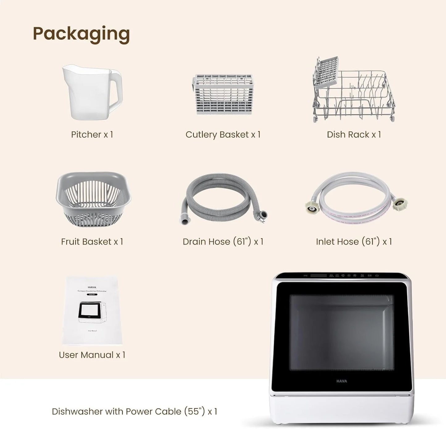 HAVA tabletop dishwasher, 6-program portable dishwasher with built-in 5-liter water tank