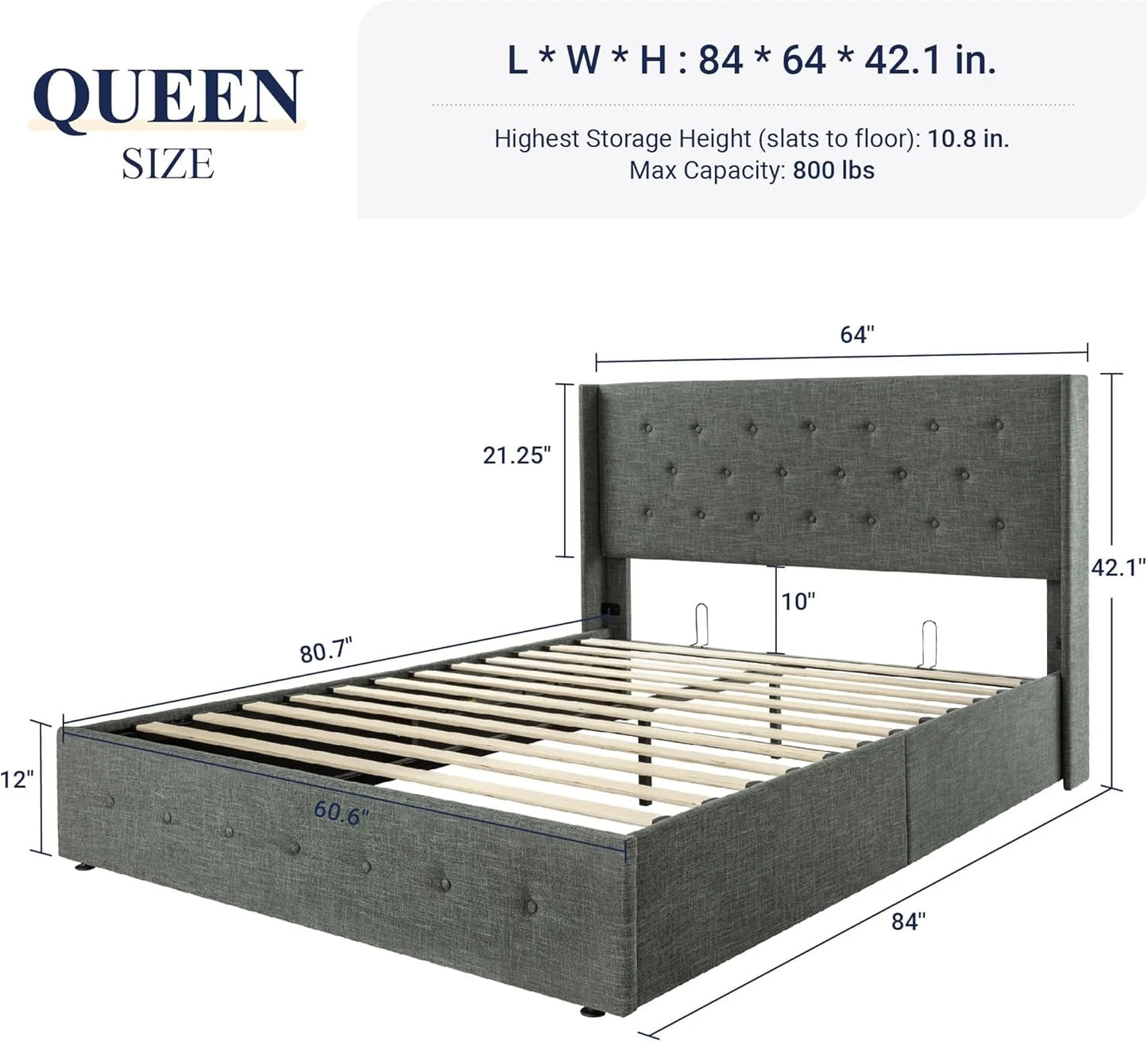 Allewie Queen Size Lift Up Storage Bed, Modern Wingback Headboard, Hydraulic Support, No Box Spring Needed, Light Beige