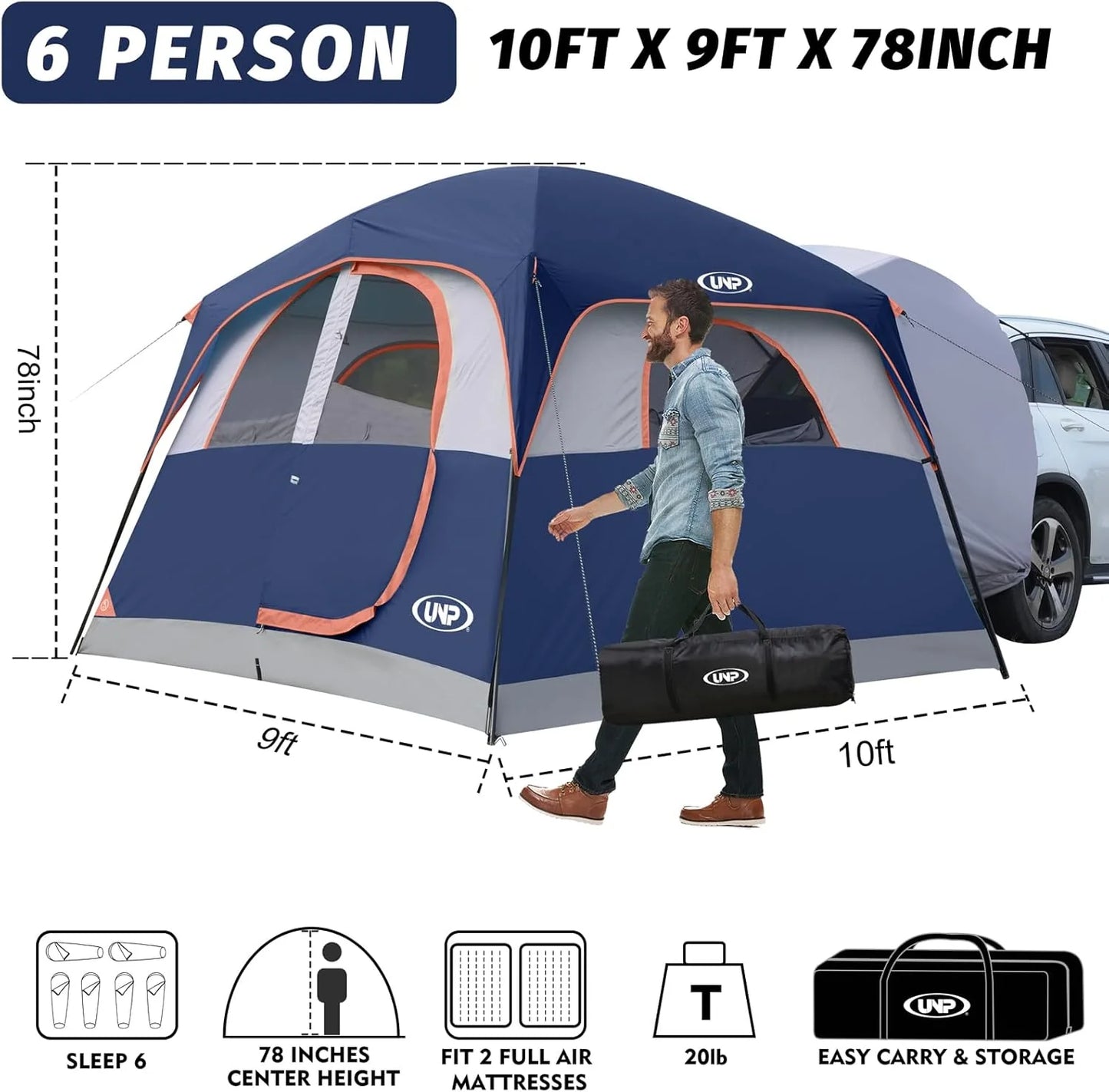SUV Tent for Camping, 6-Person SUV Tailgate Tent - Easy Set Up with Rainfly, 10'x9'x78in(H)