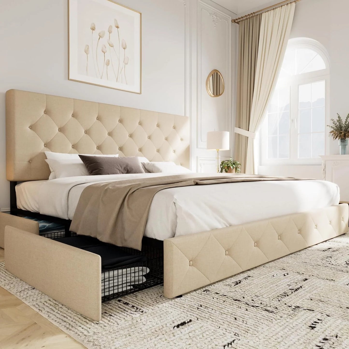 Allewie Upholstered Queen Size Platform Bed Frame with 4 Storage Drawers and Headboard, Square Stitched Button Tufted, Mattress Foundation with Wooden Slats Support, No Box Spring Needed