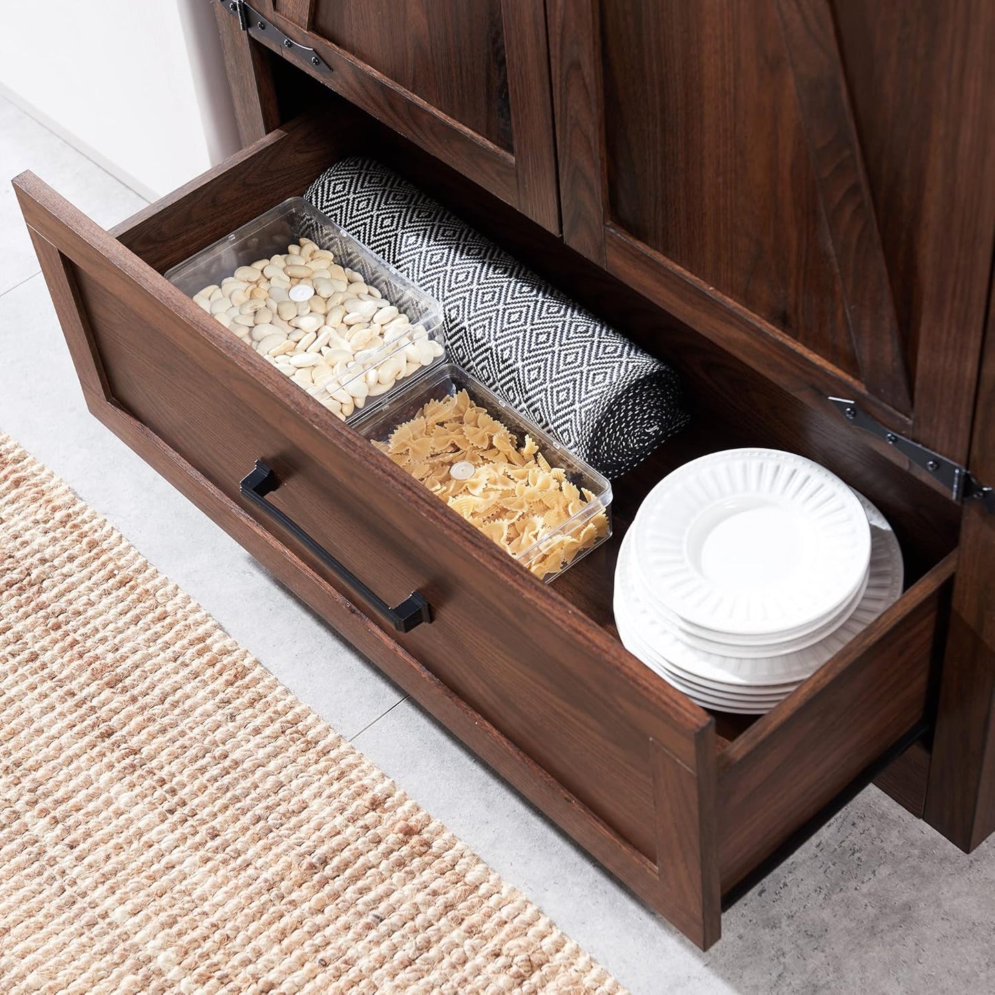 JXQTLINGMU Farmhouse Kitchen Pantry - 72" Tall Wood Kitchen Storage Cabinet with Adjustable Shelves and 2 Barn-Style Doors and Drawers