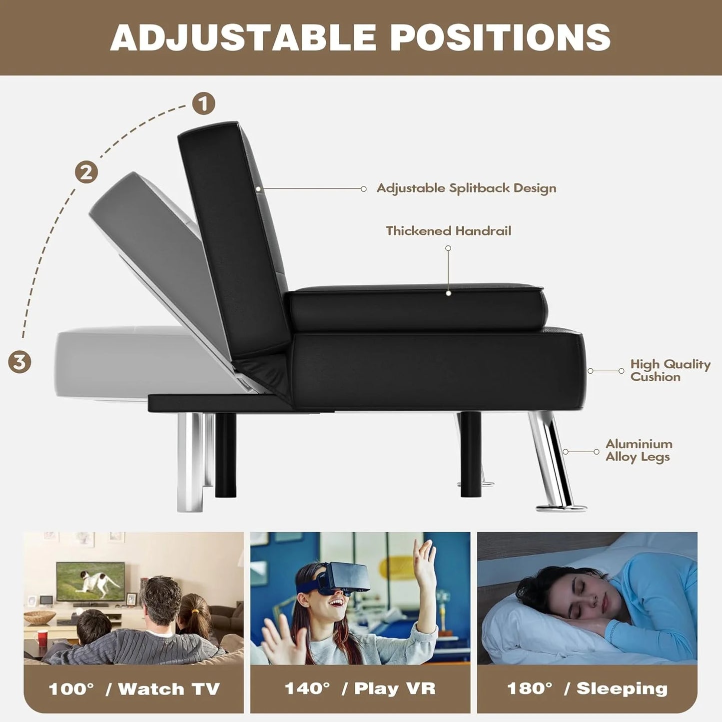 Homall Futon Sofa Bed, Leather Futon Couch with Removable Armrests, Adjustable Recliner Sleeper Sofa Bed with Dual Cup Holders for Living Room, Apartment