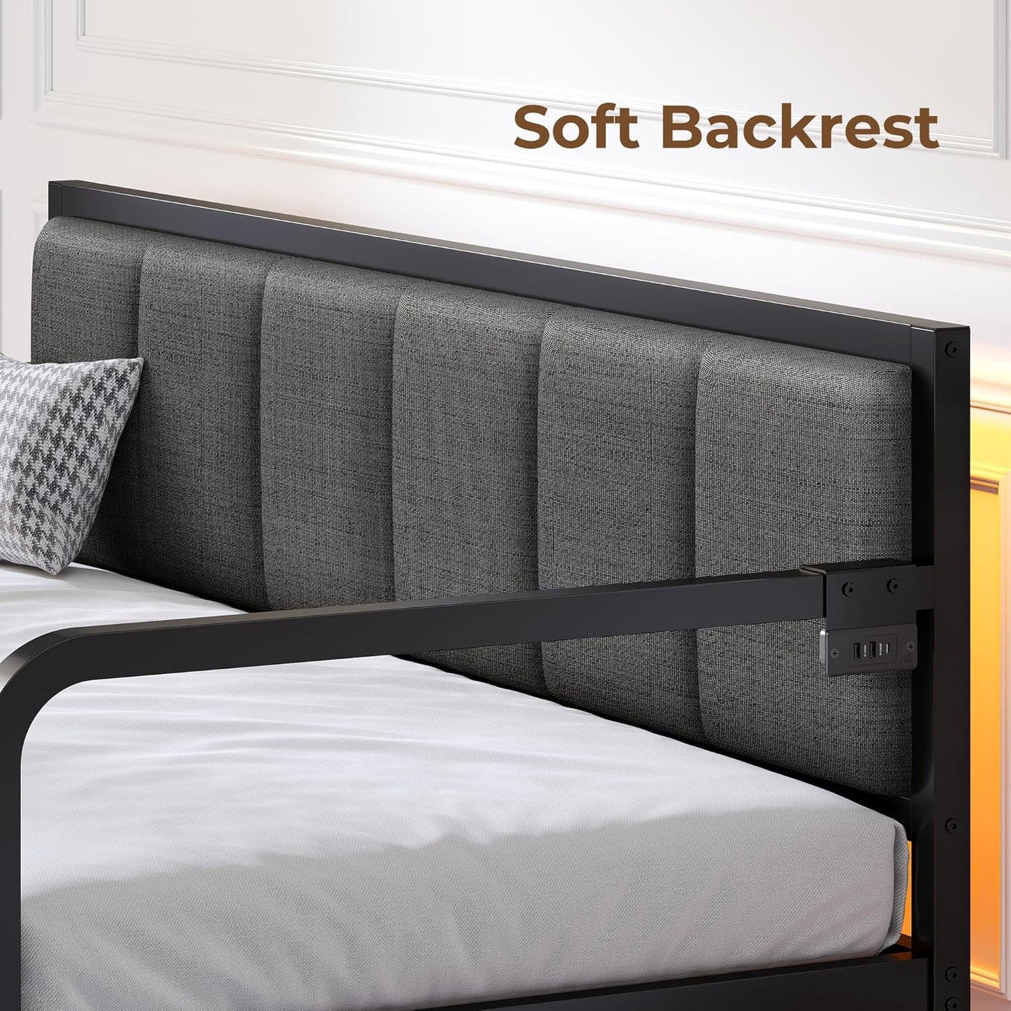 Rolanstar Daybed with Charging Station and LED Lights, Height Adjustable Twin Daybed with Trundle, Metal Sofa Bed Frame with Steel Slat Support