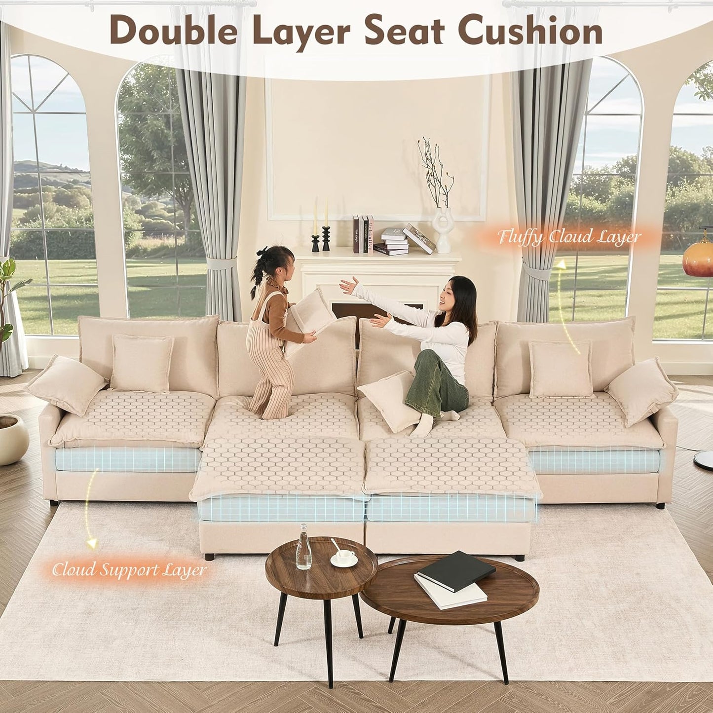 108" U-shaped sofa, modular sofa, three-seater comfortable cloud sofa