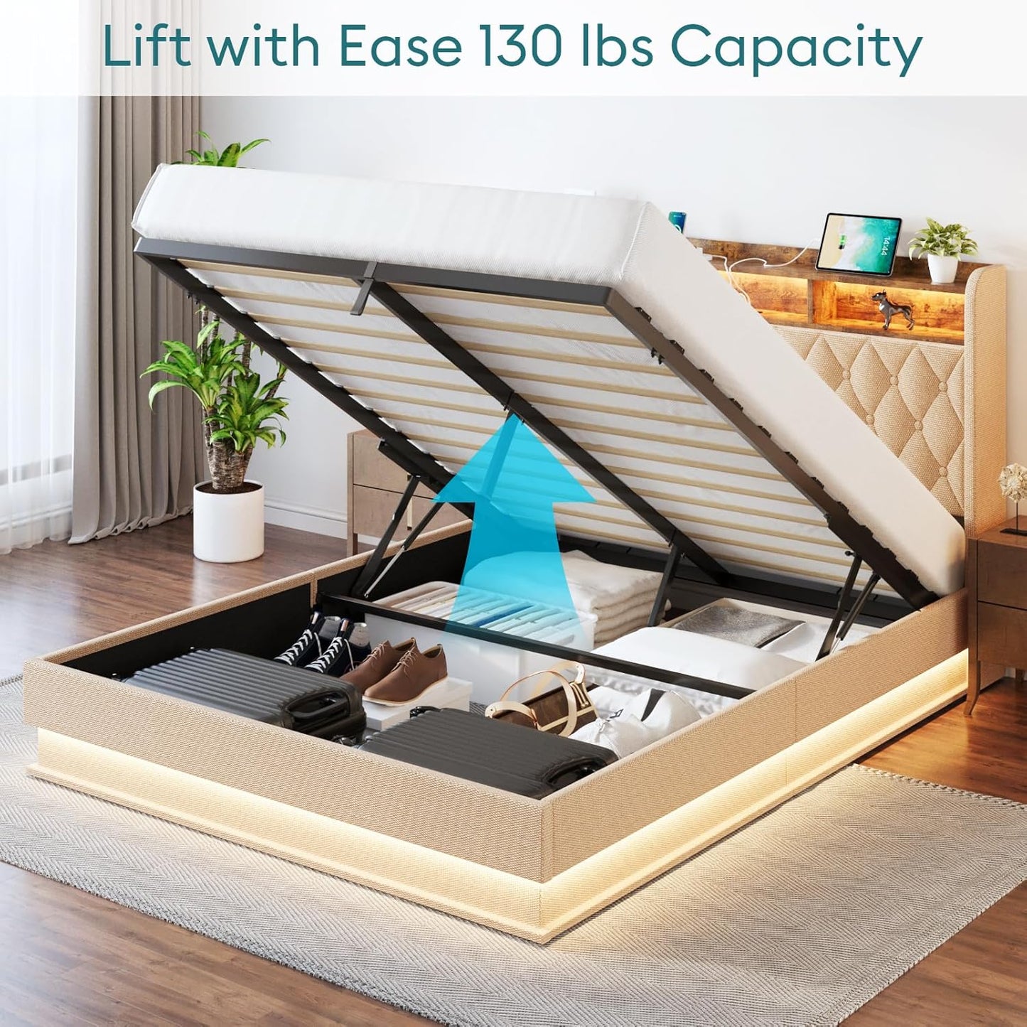 Queen Bed Frame with Storage - Lift Up Queen Size Bed Frame with Headboard, Upholstered Platform Bed with LED Lights & Charging Station, Hydraulic No Box Spring Needed Wood Slats Support, Beige