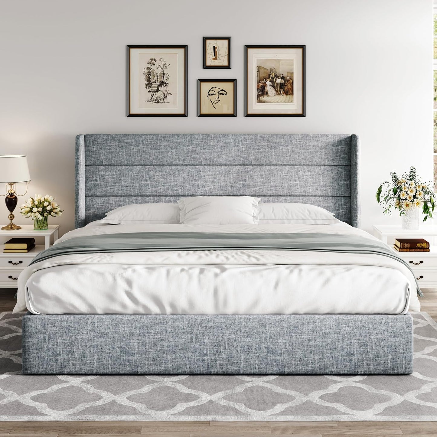 Allewie Queen Size Lift Up Storage Bed, Modern Wingback Headboard, Hydraulic Support, No Box Spring Needed, Light Beige