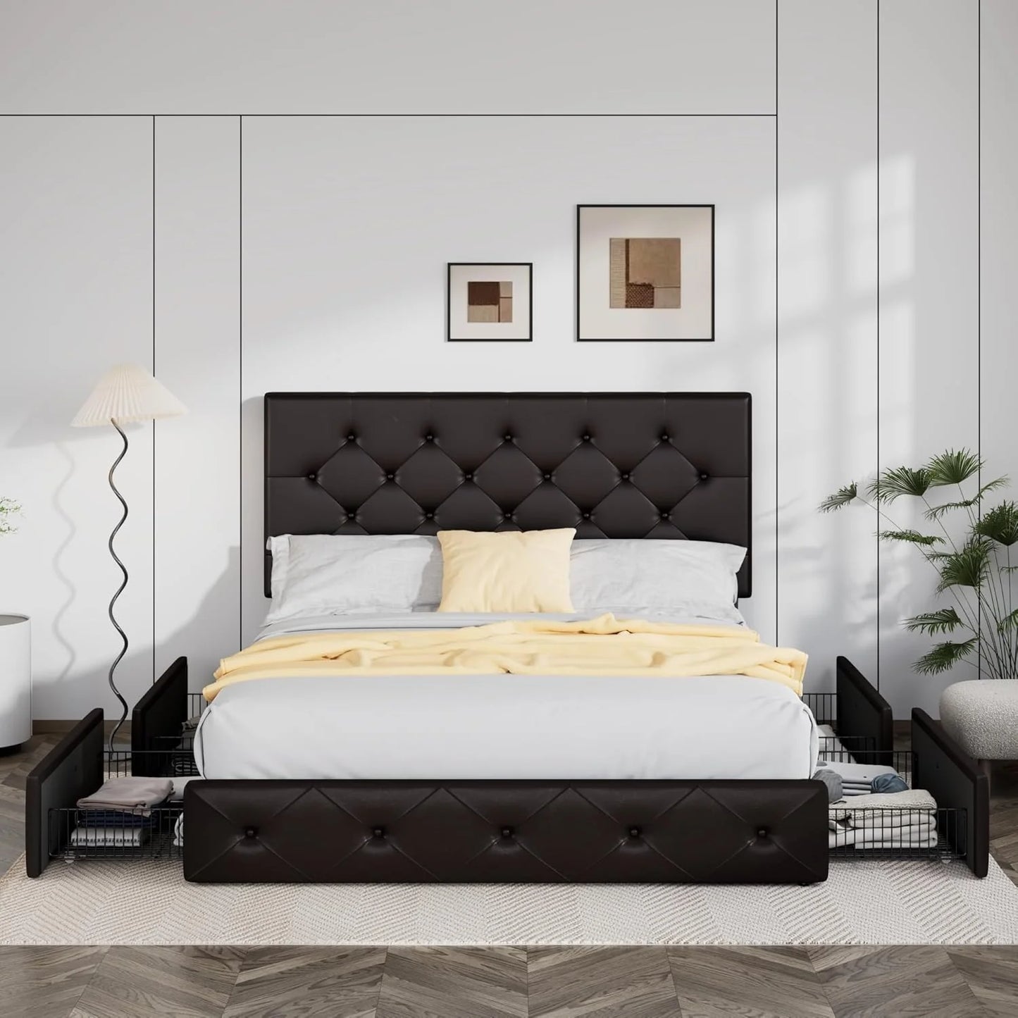 Allewie Upholstered Queen Size Platform Bed Frame with 4 Storage Drawers and Headboard, Square Stitched Button Tufted, Mattress Foundation with Wooden Slats Support, No Box Spring Needed
