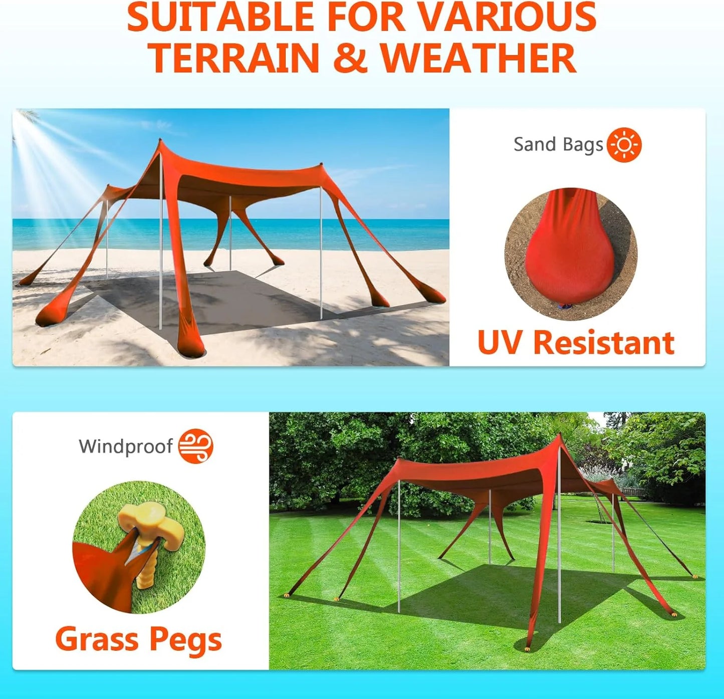 Beach Tent Sun Shelter, 10 x 10 FT Beach Canopy Tent Sun Shade Heavy Duty, UPF50+ Beach Tent Canopy with 8 Sandbags & 4 Stability Poles, Outdoor Beach Shade Canopy for Camping and Fishing, Blue