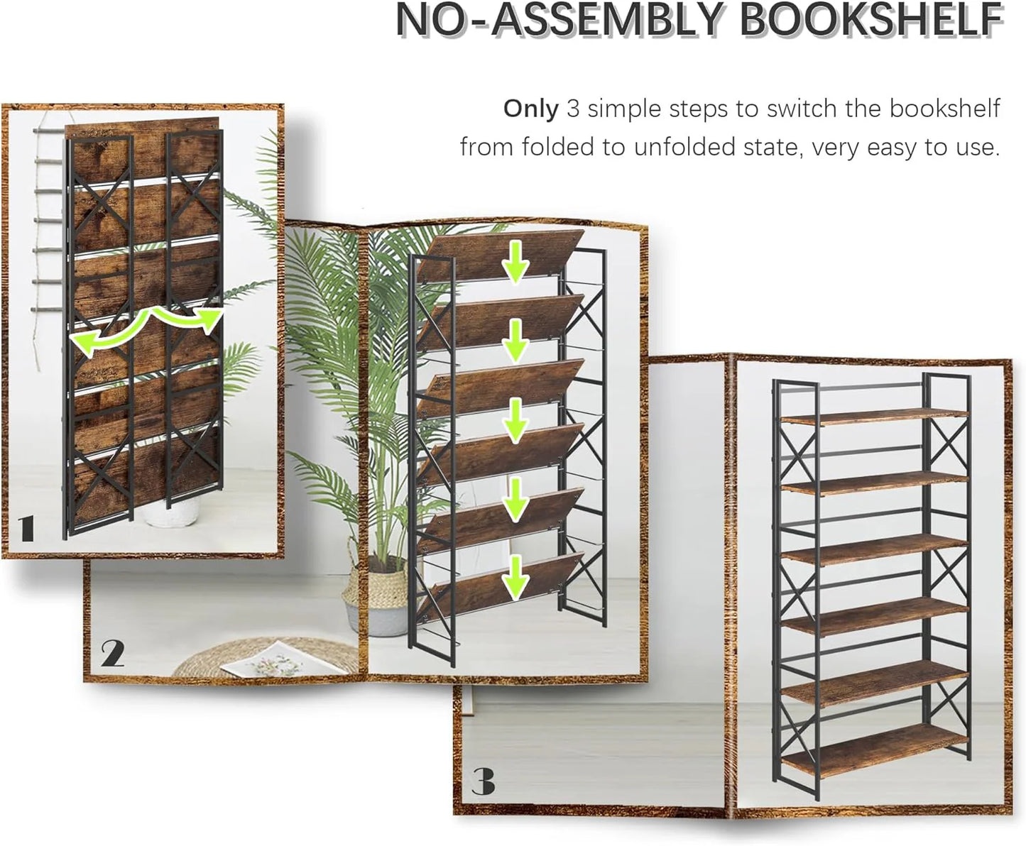 5 Tiers No Assembly Book Shelves 51.2" H Folding Bookshelf Bookcase