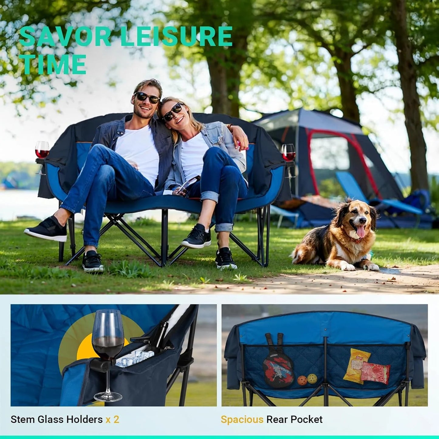 Extra Large Double Camping Chair - 2 Person Comfortable Sofa Chair Adult Loveseat - Heavy Duty Lawn Chair
