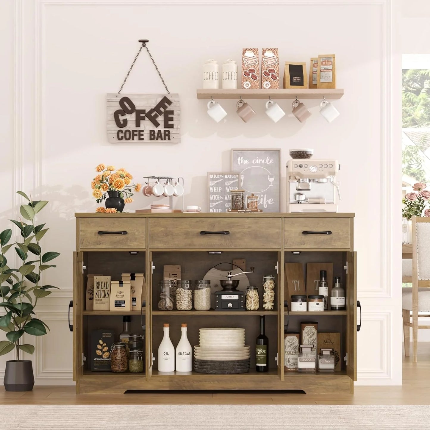 Sideboard with drawers, large 55-inch sideboard, sideboard storage with shelves and doors, modern farmhouse coffee bar wood kitchen dining table