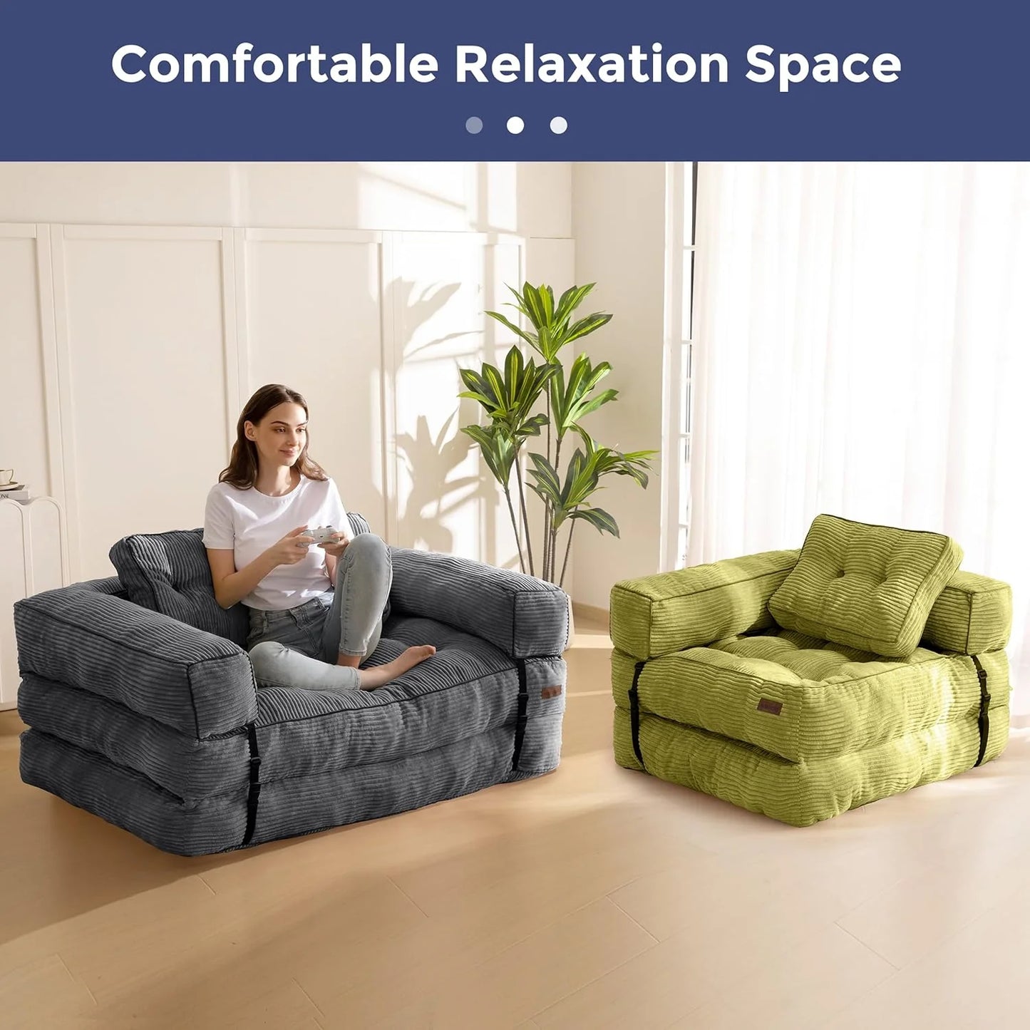 Folding Sofa Bed, L-Shaped Convertible Sofa Bed with Armrests and Pillows,