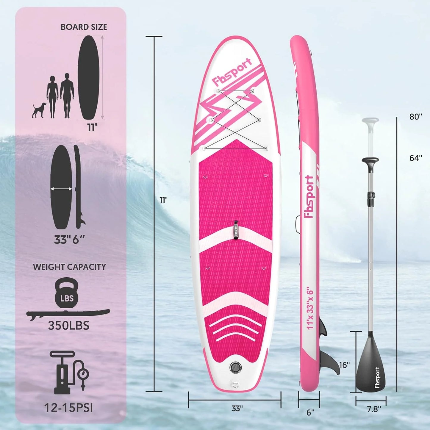 FBSPORT 11' Premium Stand Up Paddle Board, Yoga Board with Durable SUP Accessories & Carry Bag | Wide Stance, Surf Control, Non-Slip Deck, Leash, Paddle and Pump for Youth & Adult