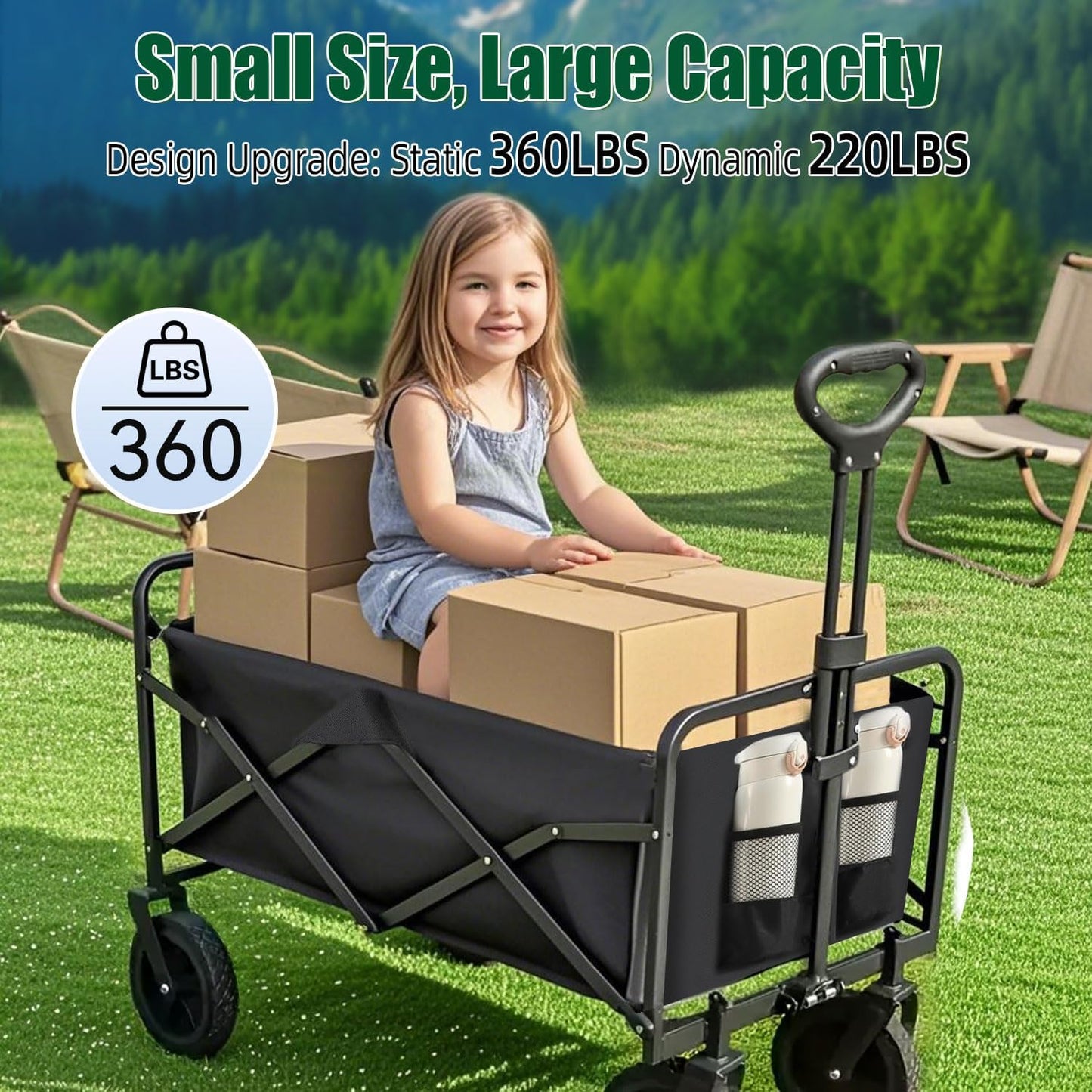 Foldable 4-wheel cart, foldable, 37 inches long, 480 lb capacity, heavy-duty beach cart, shopping cart with wheels