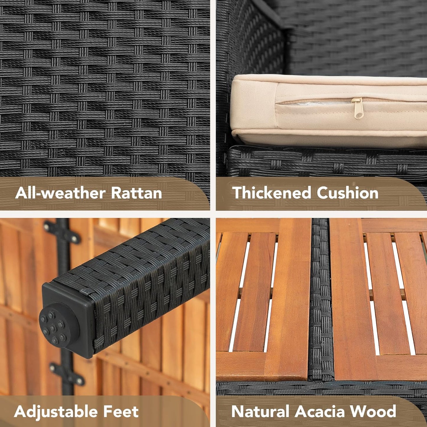 Devoko Dining 7 PCS Furniture, Patio Conversation Set with Acacia Wood Table Top, Rattan Outdoor, Black