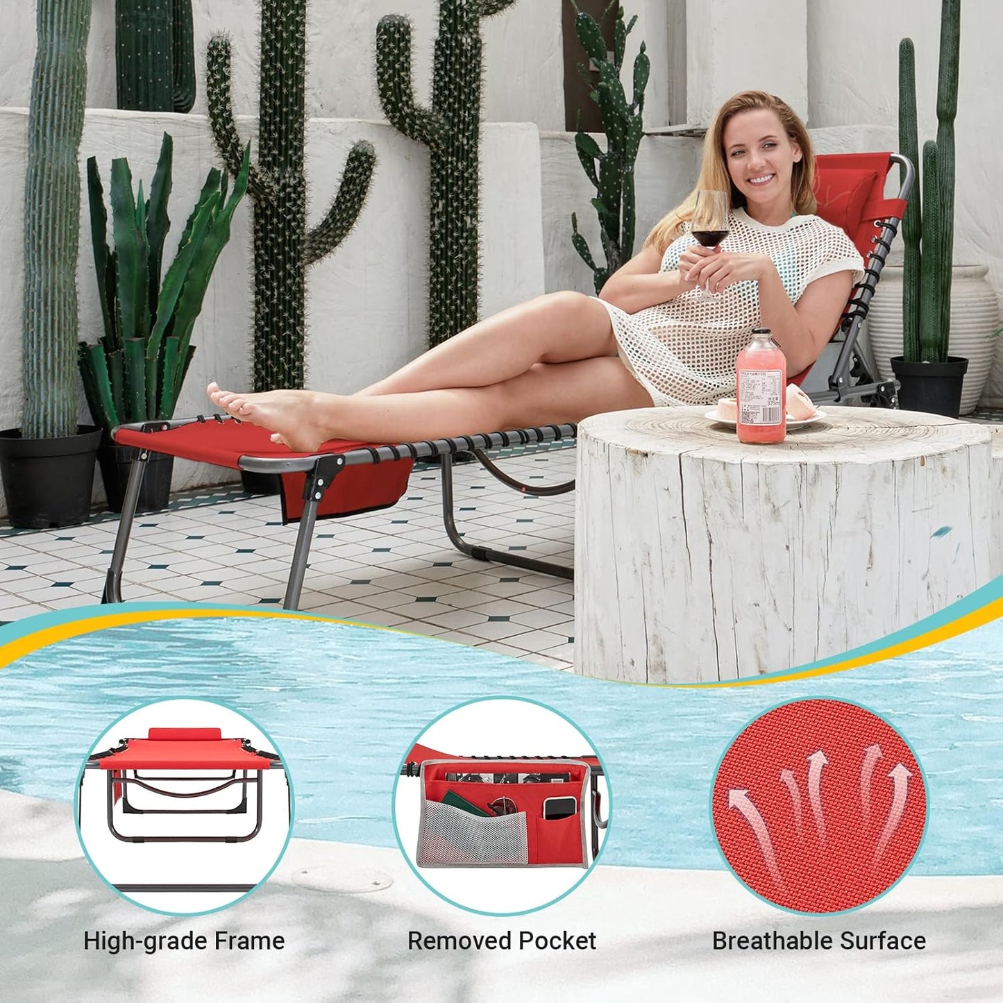 2 Pack Outdoor Chaise Lounge Chair - Portable Folding Patio Pool Lounge Chair, 5 Positions Adjustable Reclining Camping Chair with Side Table,Shoulder Strap, Pillow for Beach Sunbathing Lawn