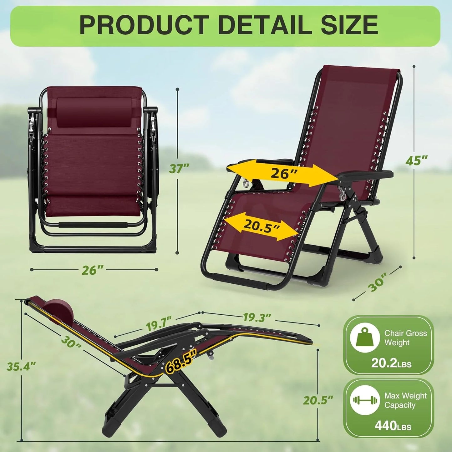 Indoor and outdoor patio chair folding lounge chair zero gravity chair with removable cushion camping lounge chair