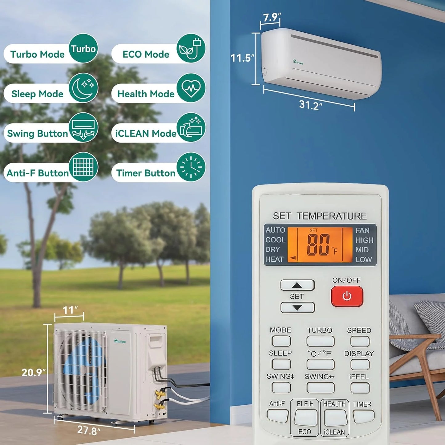 12000 BTU Mini Split Air Conditioner Heat Pump System, Wifi Enabled 20 SEER2 115V Inverter Ductless AC Cool Up to 750 Sq. Ft, Compatible with Alexa, Complete Installation Kit, White