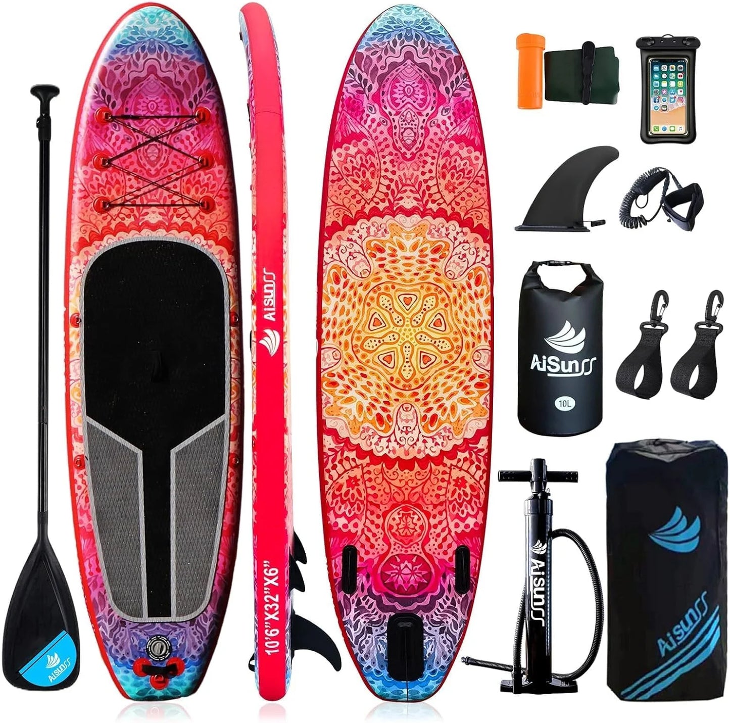Inflatable wide SUP board with SUP carrying bag, hand pump, 10L waterproof bag and adjustable paddle
