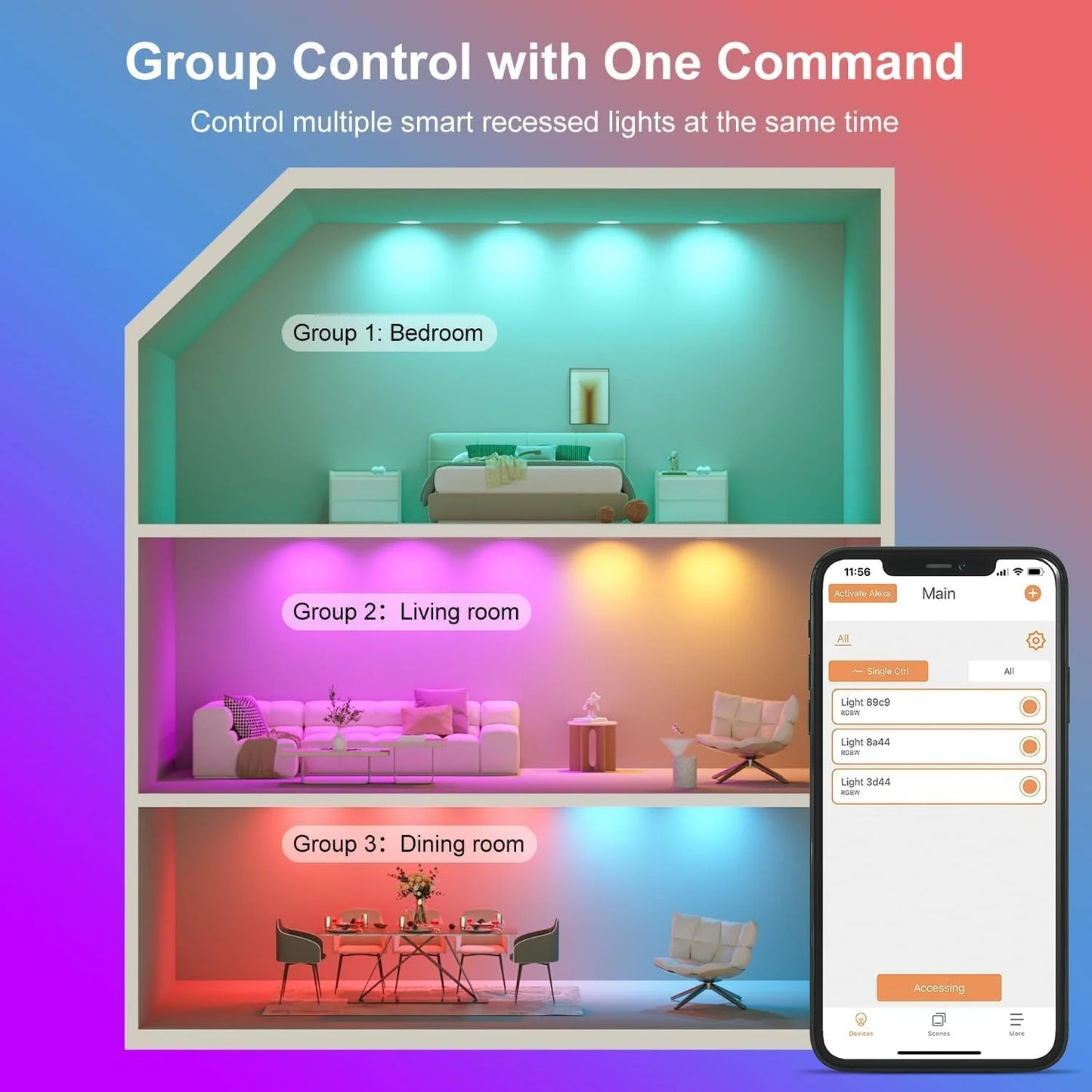 Smart Recessed Lighting 4" RGBCW Color Changing 12W LED Downlight with Junction Box