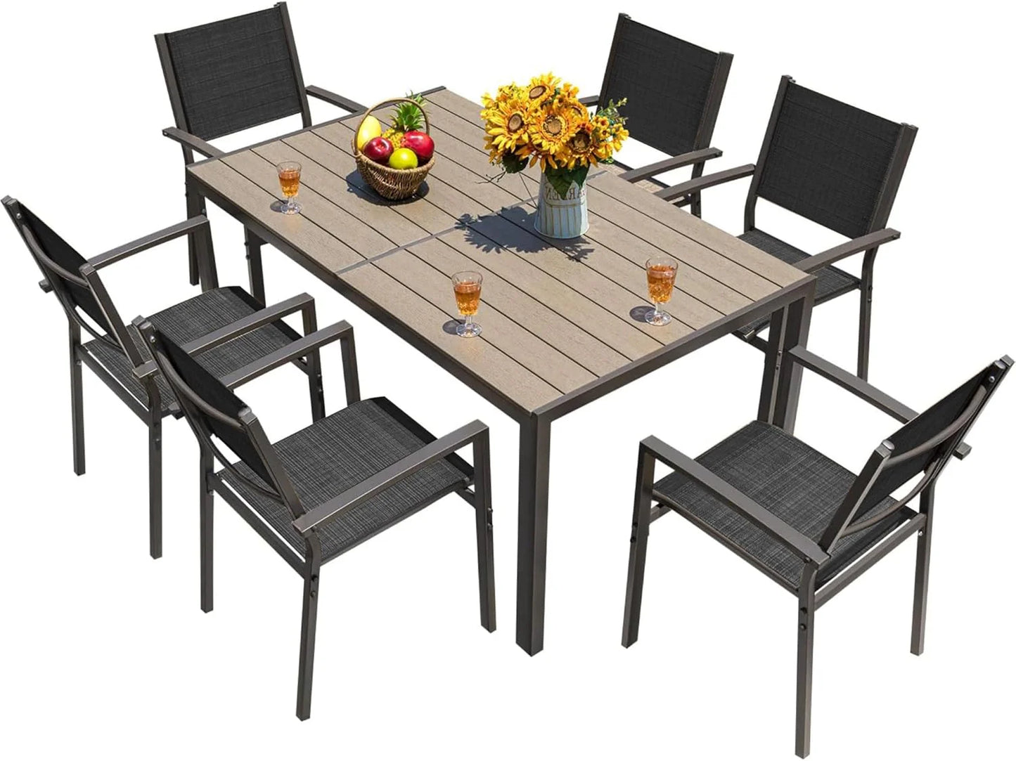 Homall Patio Dining Set 7 Pieces Outdoor Furniture with Large Table and 6 Textilene Chairs for Porch, Brown