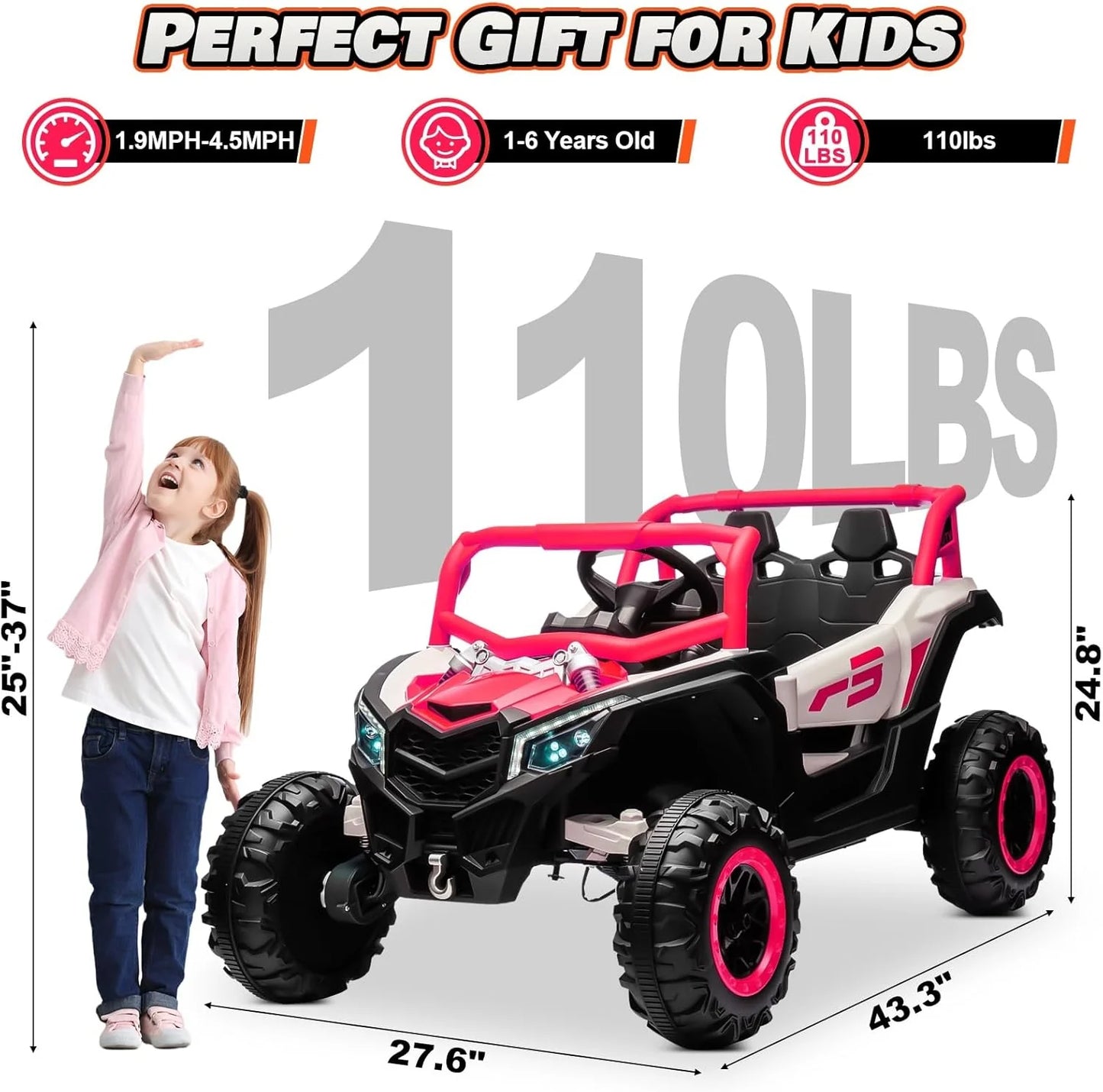 JOYRACER Kids Remote Control Car with 4 x 150W Motors, Shock Absorbers, Bluetooth, MP3 Player, and Headlights