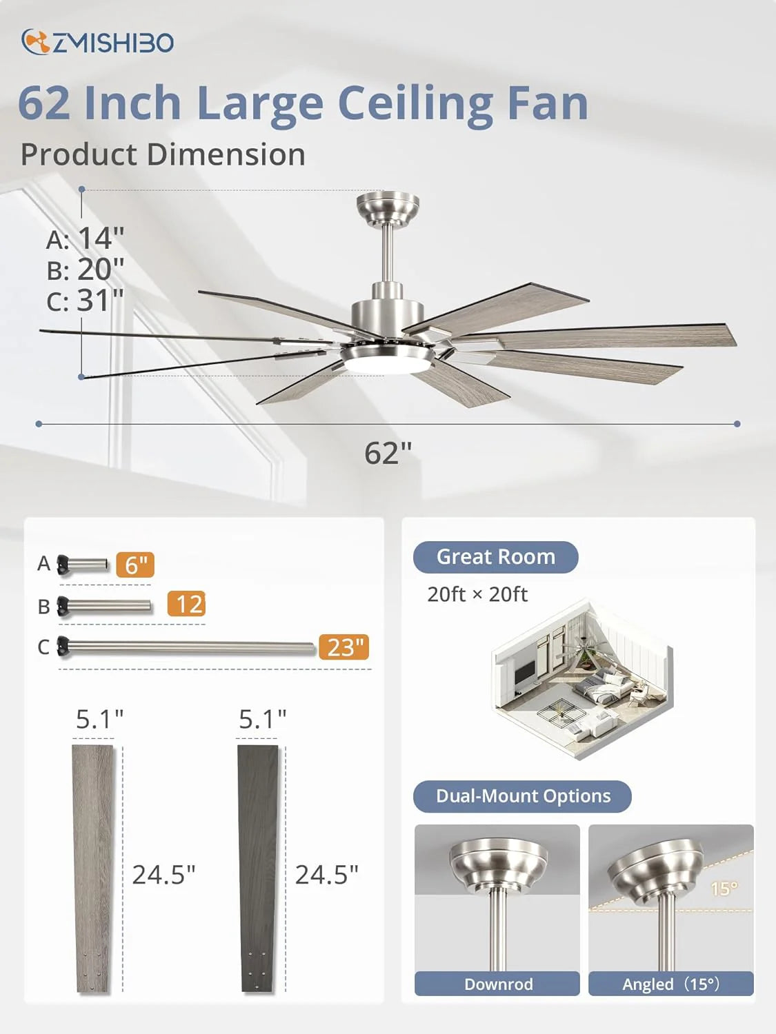Zmishibo 72-inch large ceiling fan with lighting and remote indoor/outdoor