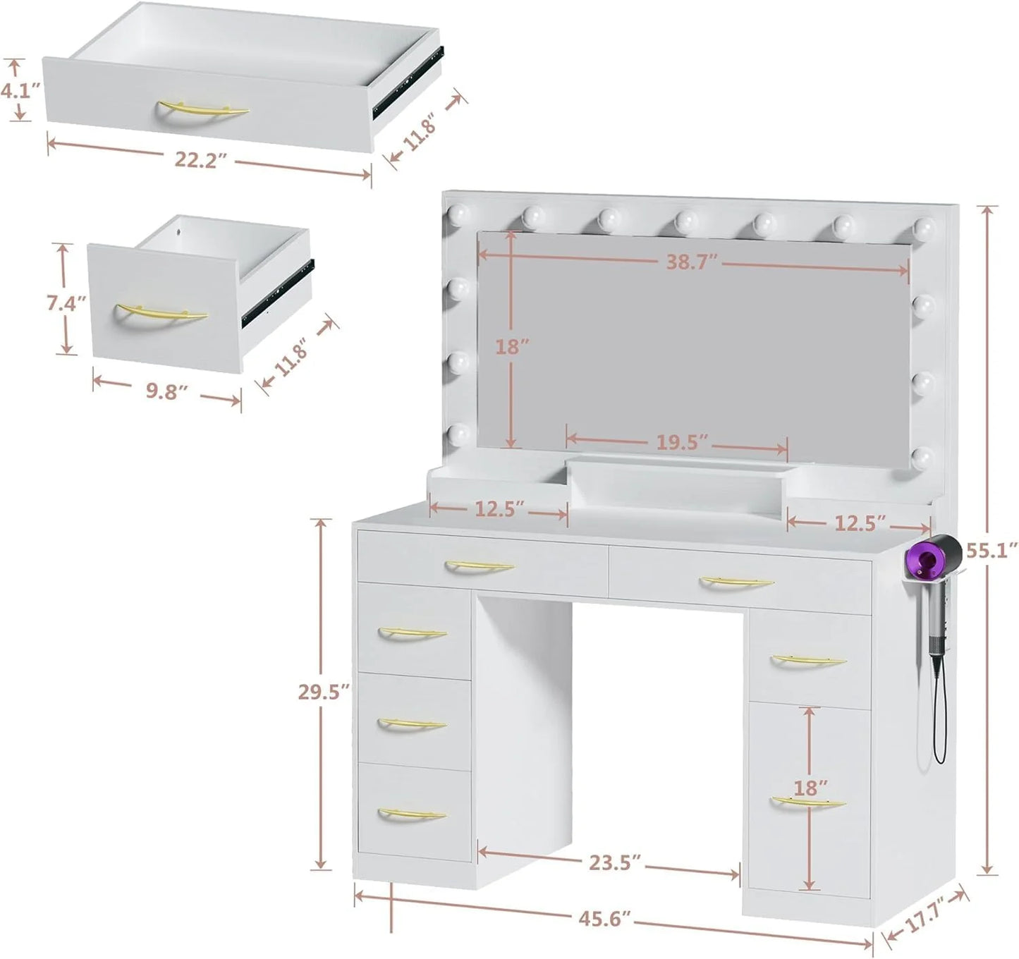 Vanity Desk with Mirror and Lights 39.3in Makeup Vanity with Large Mirror