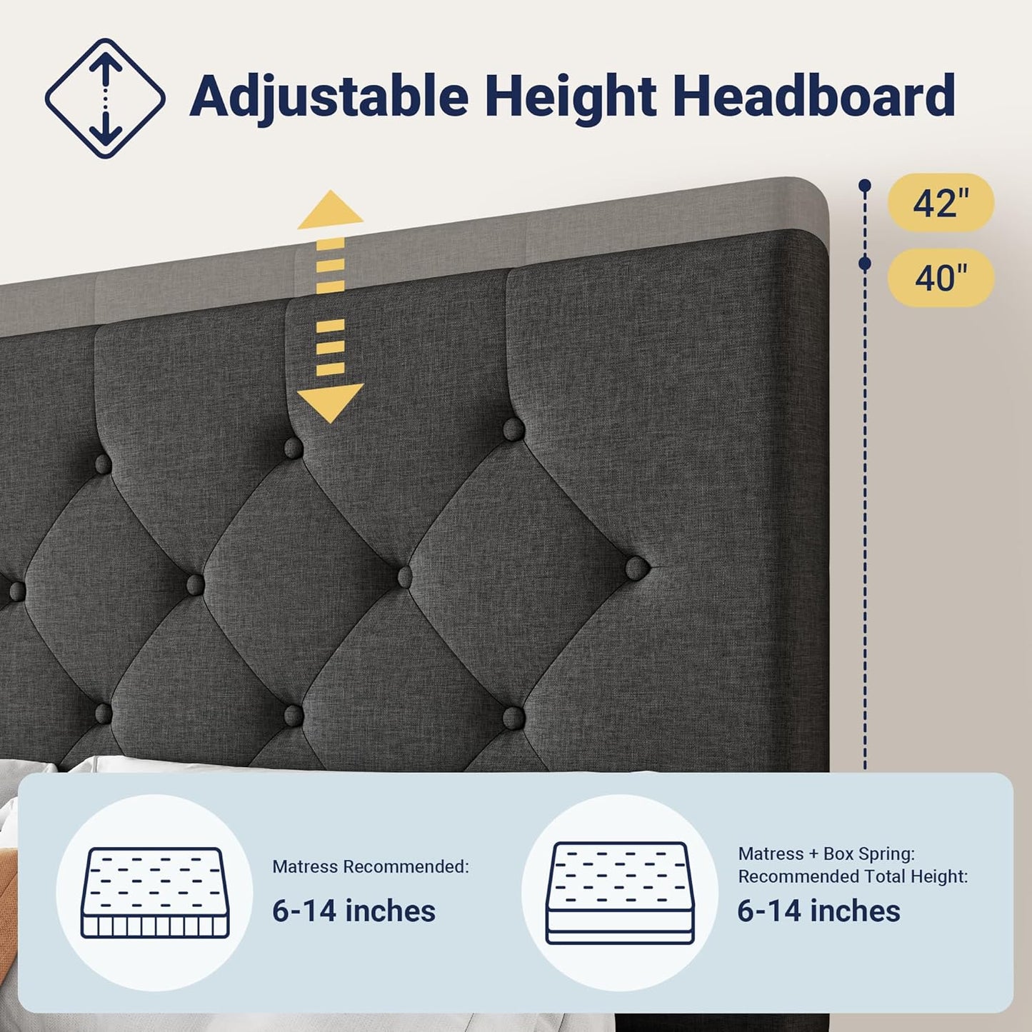 Allewie Upholstered Queen Size Platform Bed Frame with 4 Storage Drawers and Headboard, Square Stitched Button Tufted, Mattress Foundation with Wooden Slats Support, No Box Spring Needed