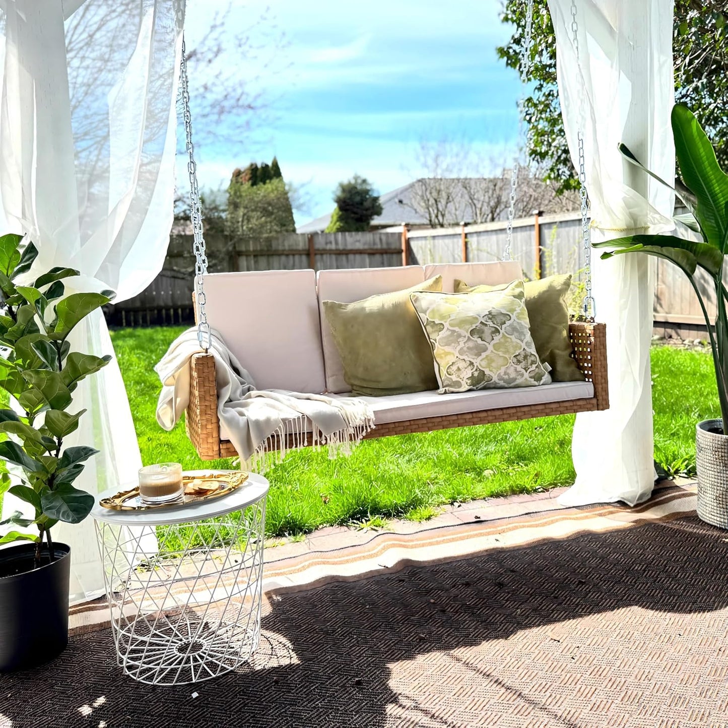 YITAHOME Hanging Porch Swing Chair Sits 3 People, Wicker Outdoor Swing Bench, Patio Lounge Chair, 1 Seating Cushion and 3 Back Cushions, w/Removable Covers, for Garden, Balcony, Backyard, Brown