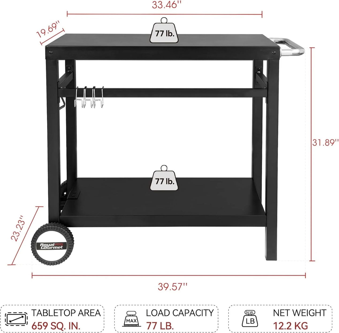 Royal Gourmet Dining Cart Table with Double-Shelf, Movable Stainless Steel Flattop Grill Cart, Hooks, Side Handle, Multifunctional PC3401B (Black)