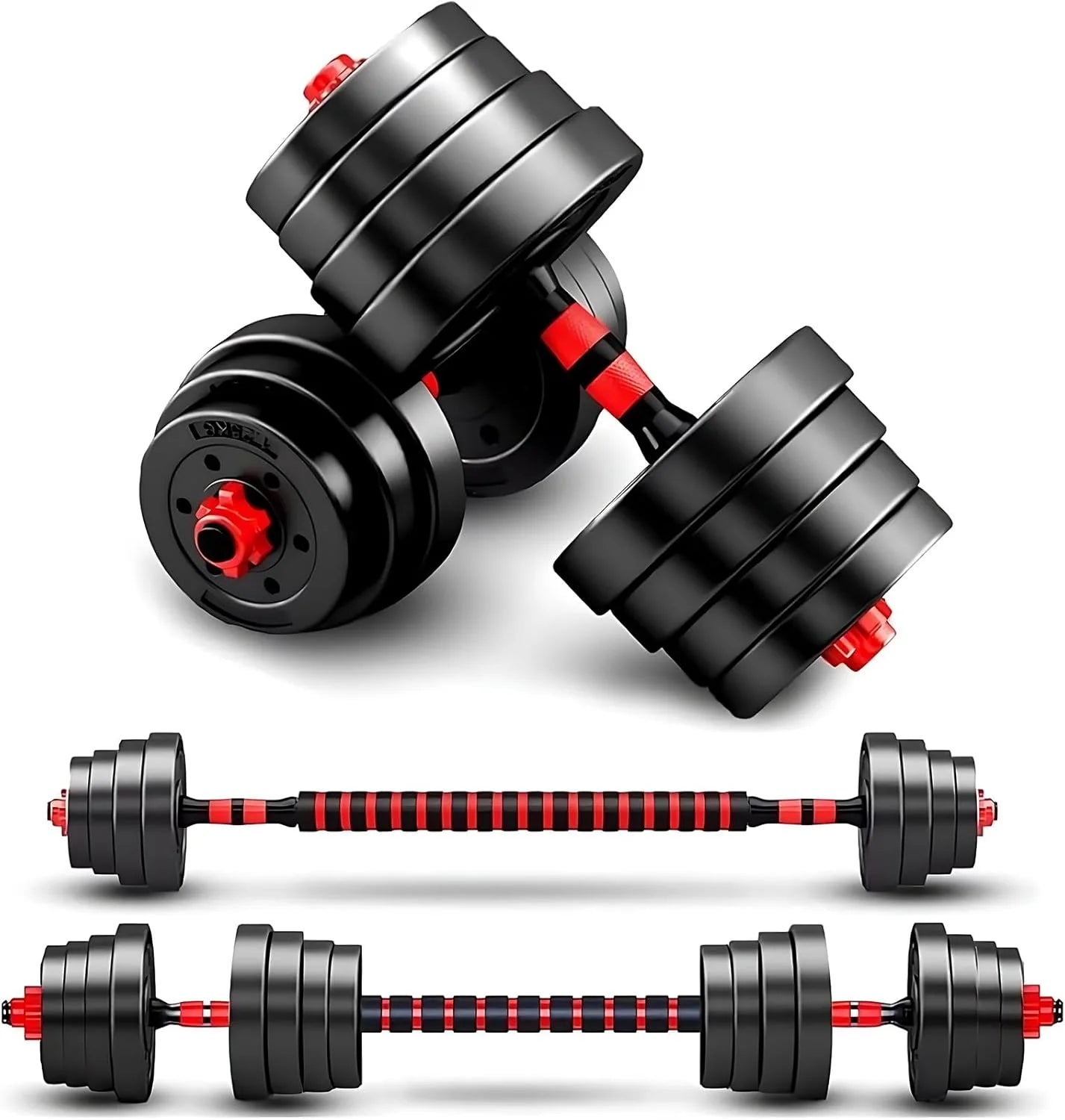 Adjustable dumbbell set, free weight dumbbell pair convertible into barbell