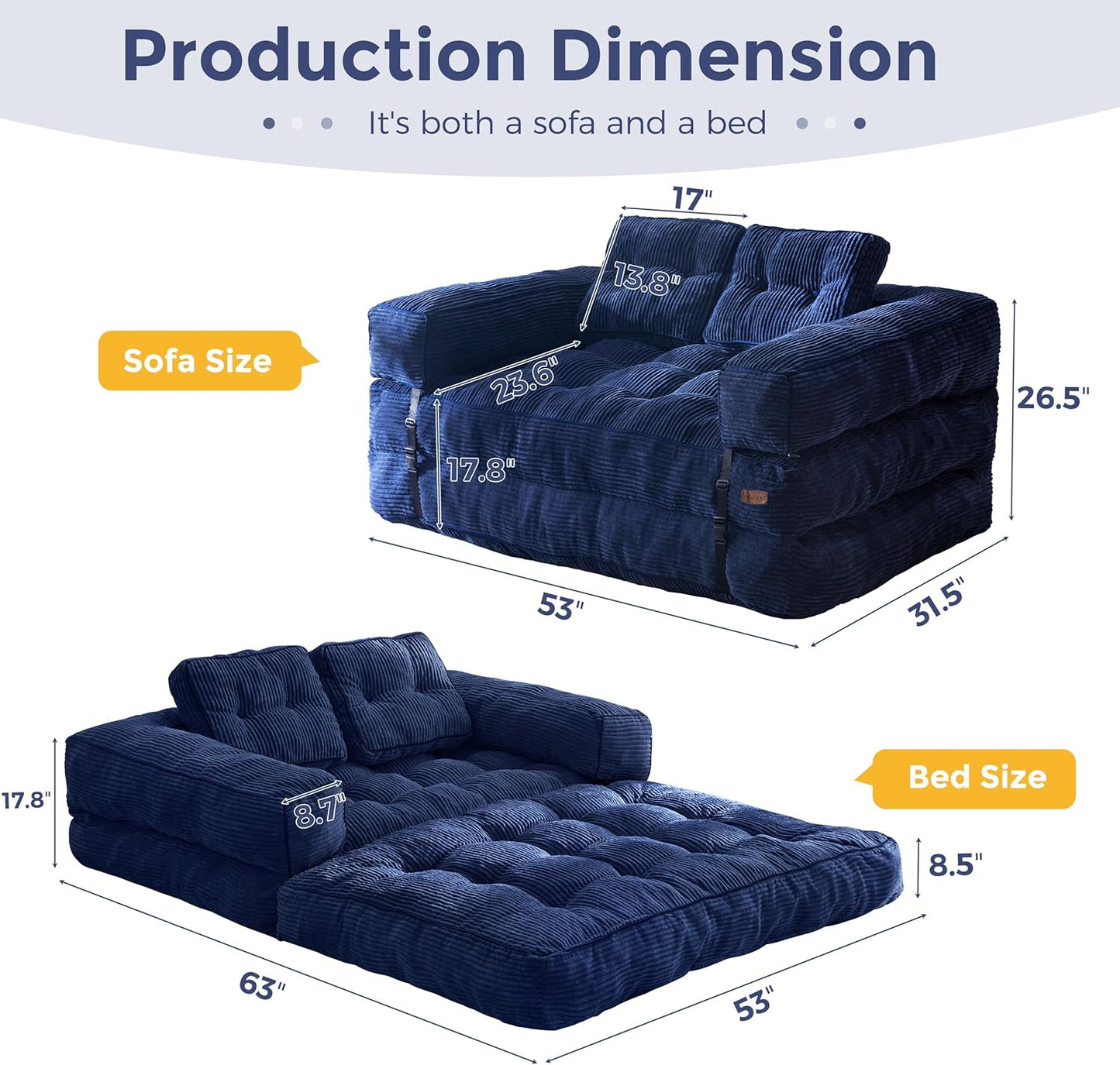 Folding Sofa Bed, L-Shaped Convertible Sofa Bed with Armrests and Pillows,
